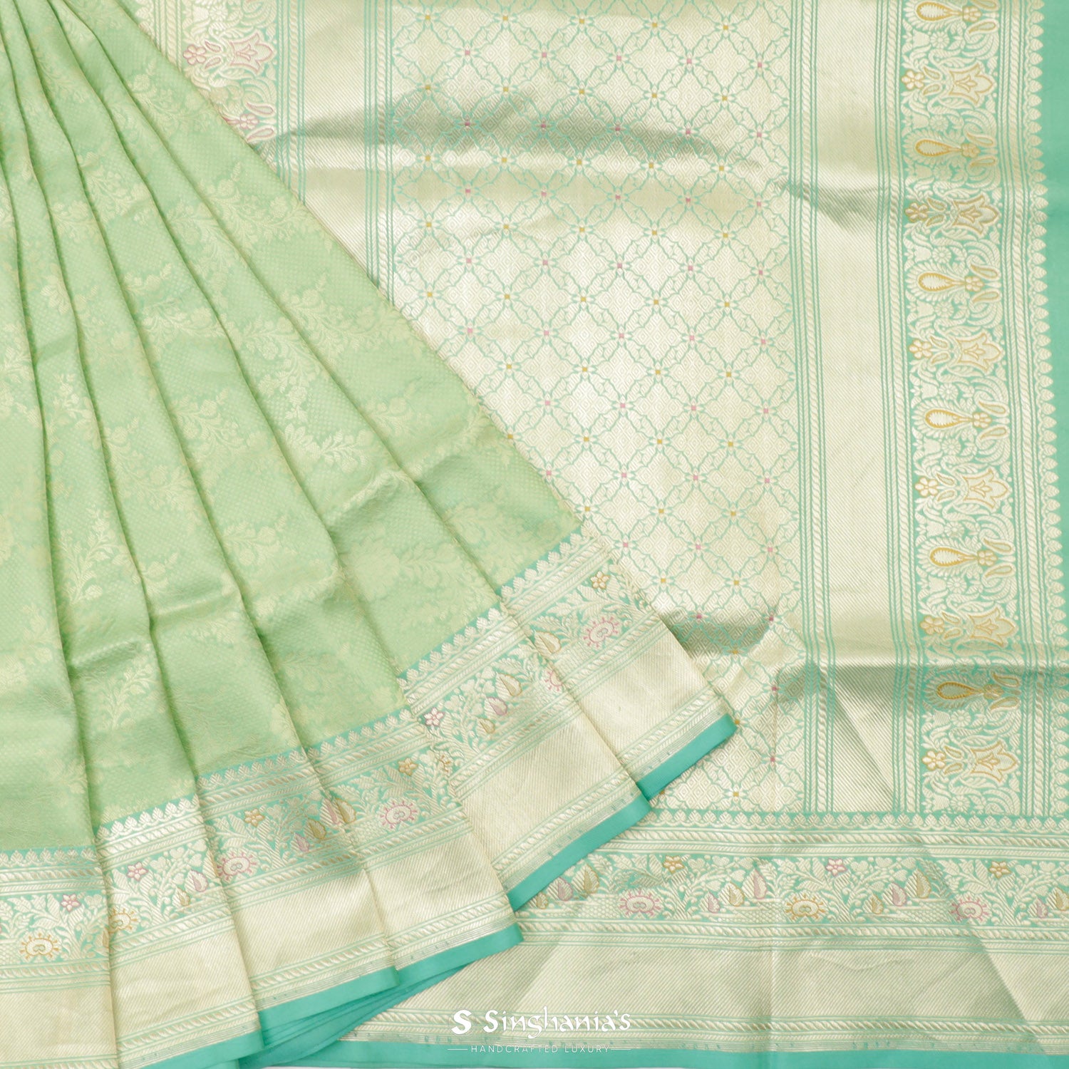 Sea Green Silk Saree With Banarasi Weaving
