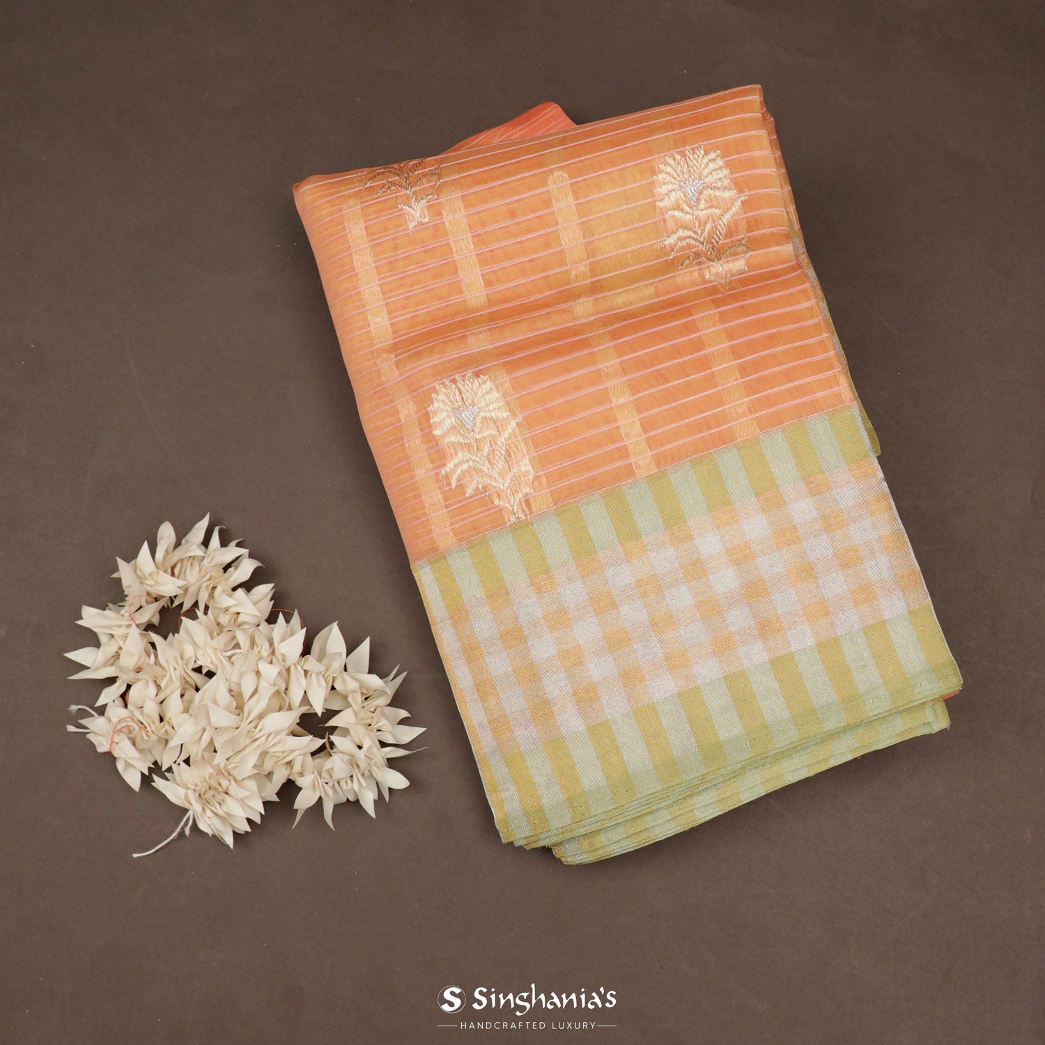 Crayola Orange Tissue Saree With Banarasi Weaving
