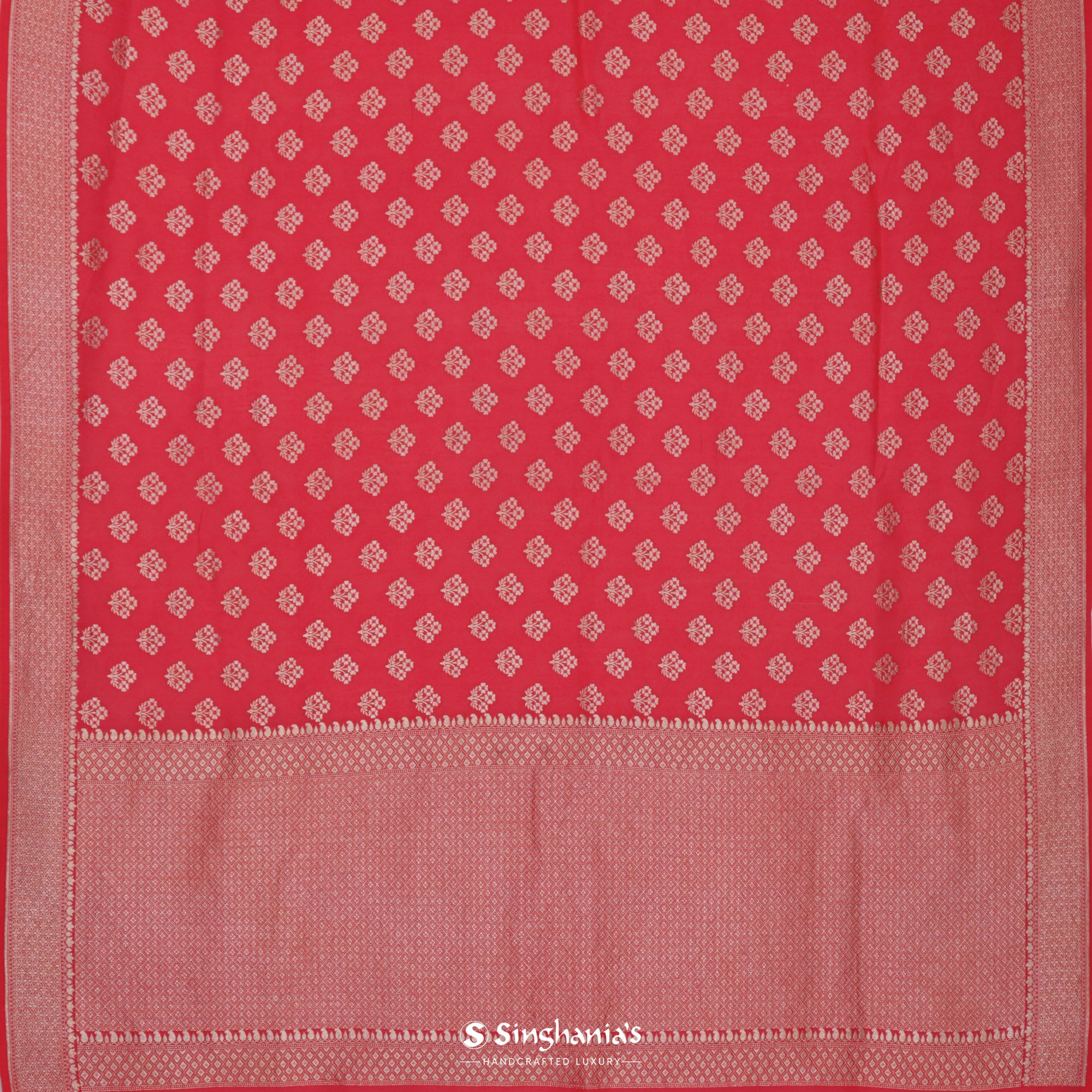 Imperial Red Moonga Saree With Banarasi Weaving