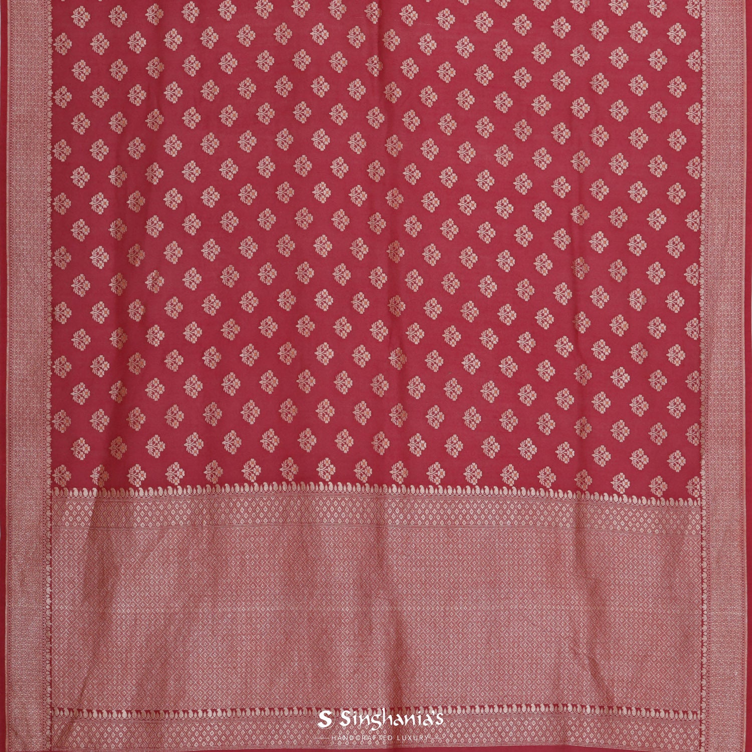 Oklahoma Crimson Red Moonga Saree With Meenakari Banarasi Weaving