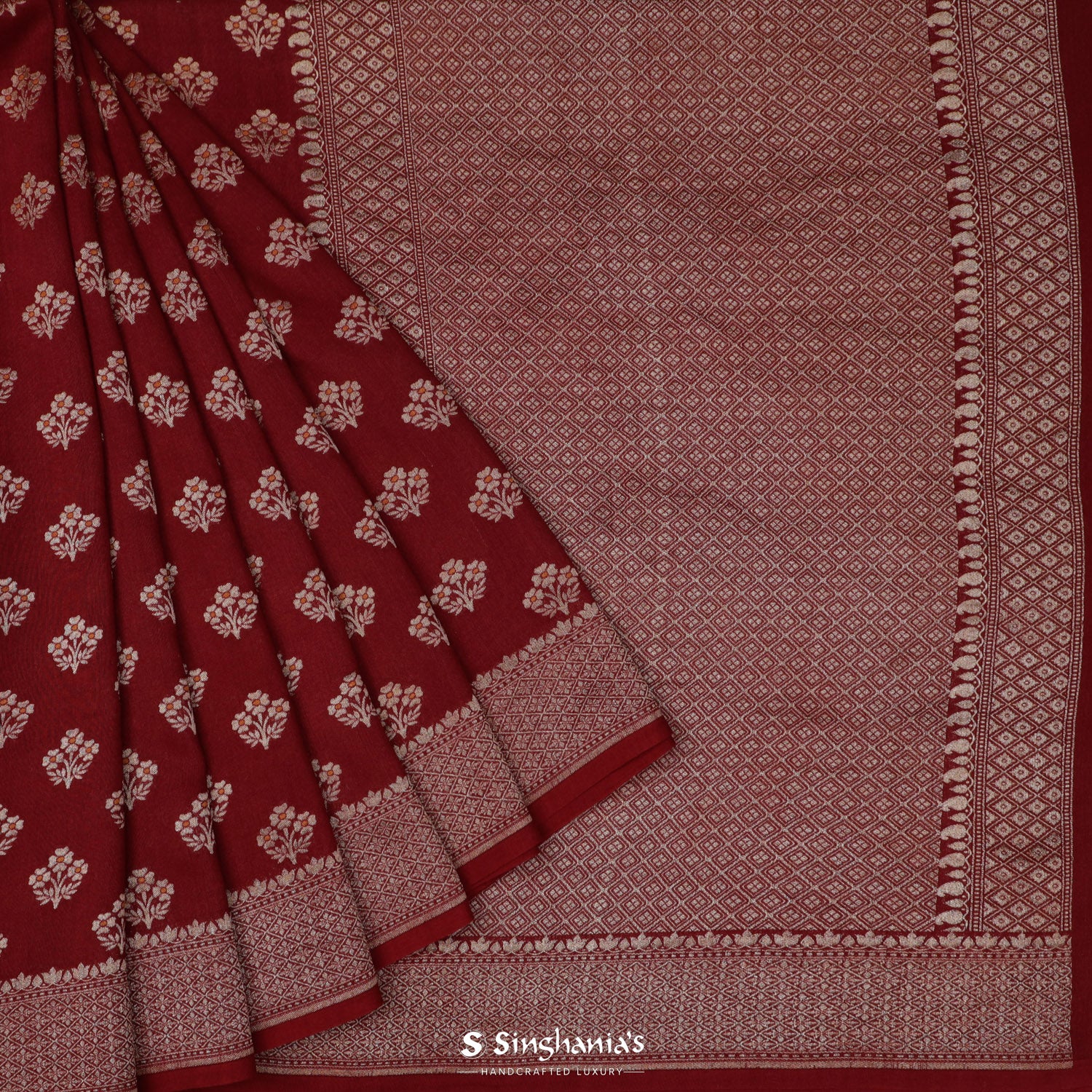 Oklahoma Crimson Red Moonga Saree With Meenakari Banarasi Weaving