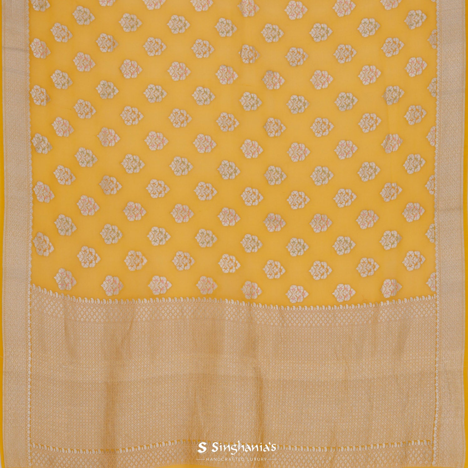 Tuscany Yellow Georgette Saree With Floral Buttas In Banarasi Weaving