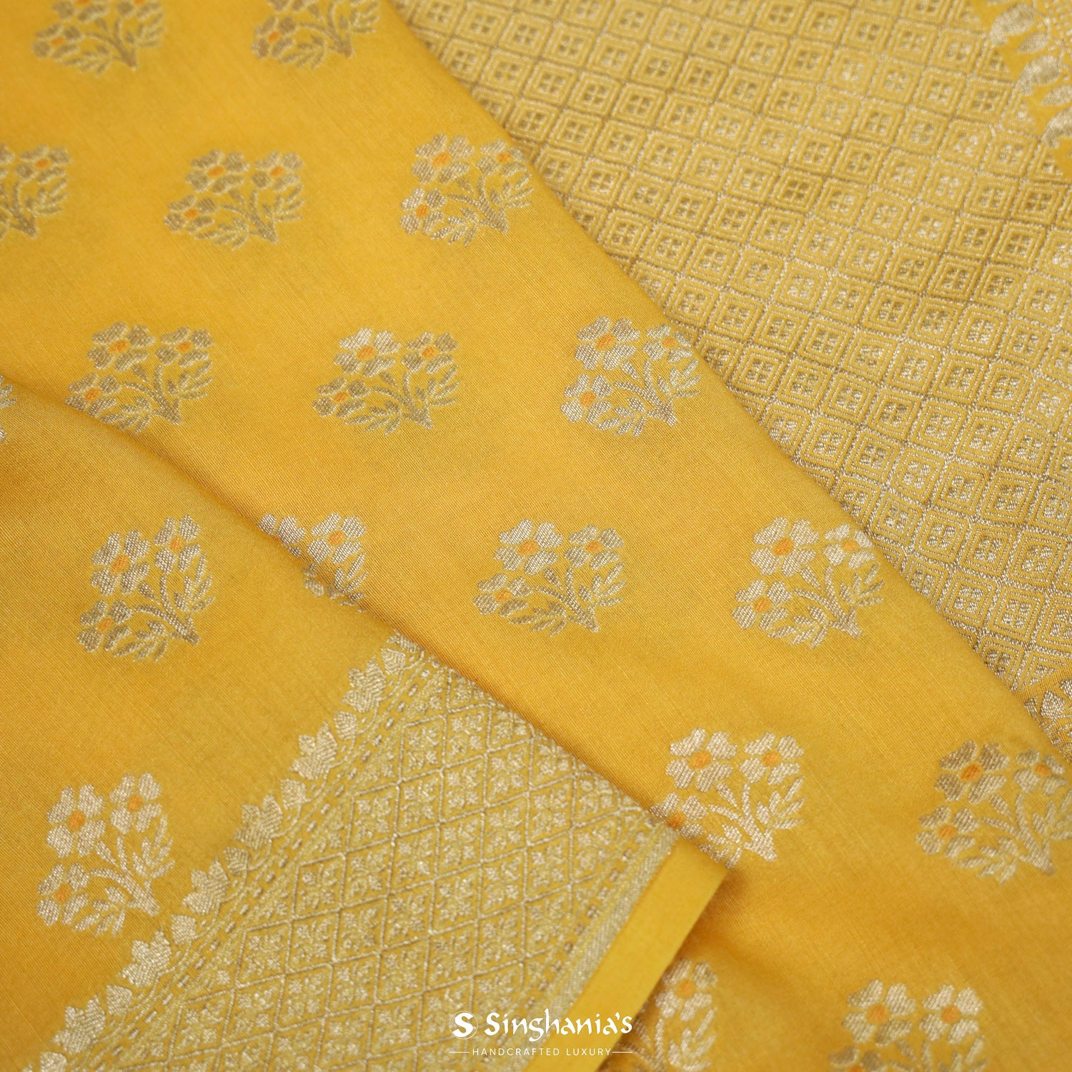 Colza Yellow Moonga Saree With Banarasi Weaving