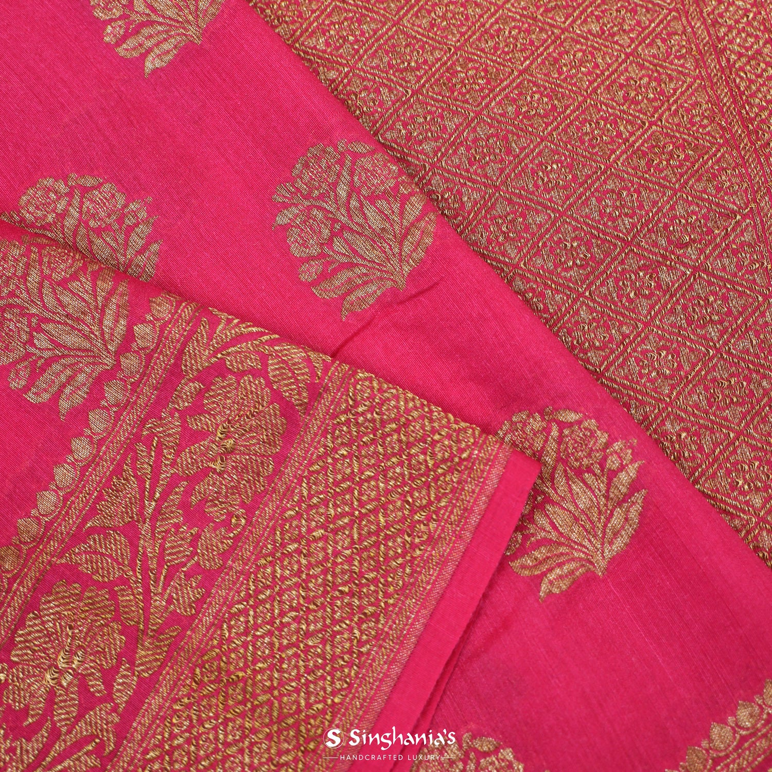 Bright Pink Moonga Saree With Banarasi Zari Weaving