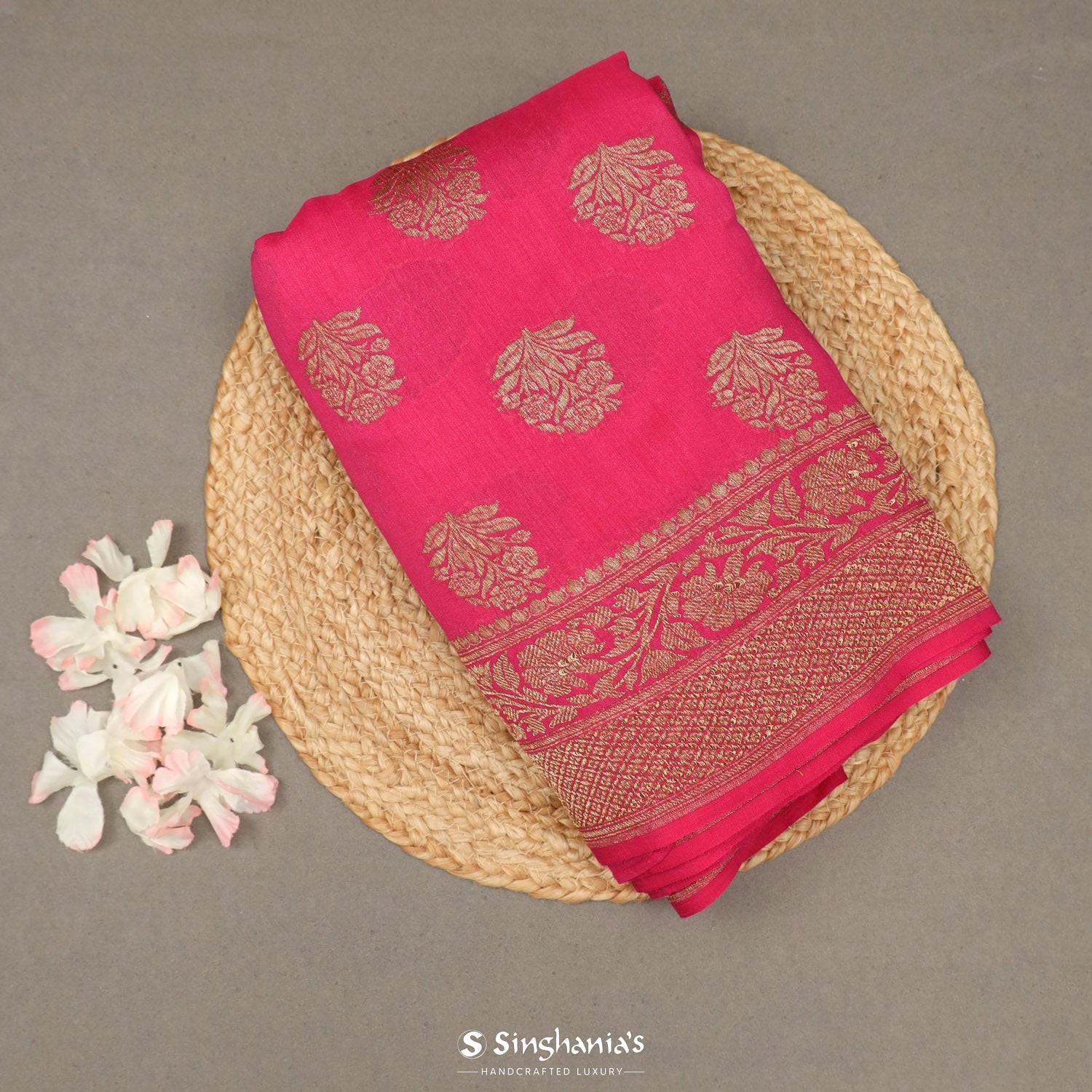 Bright Pink Moonga Saree With Banarasi Zari Weaving