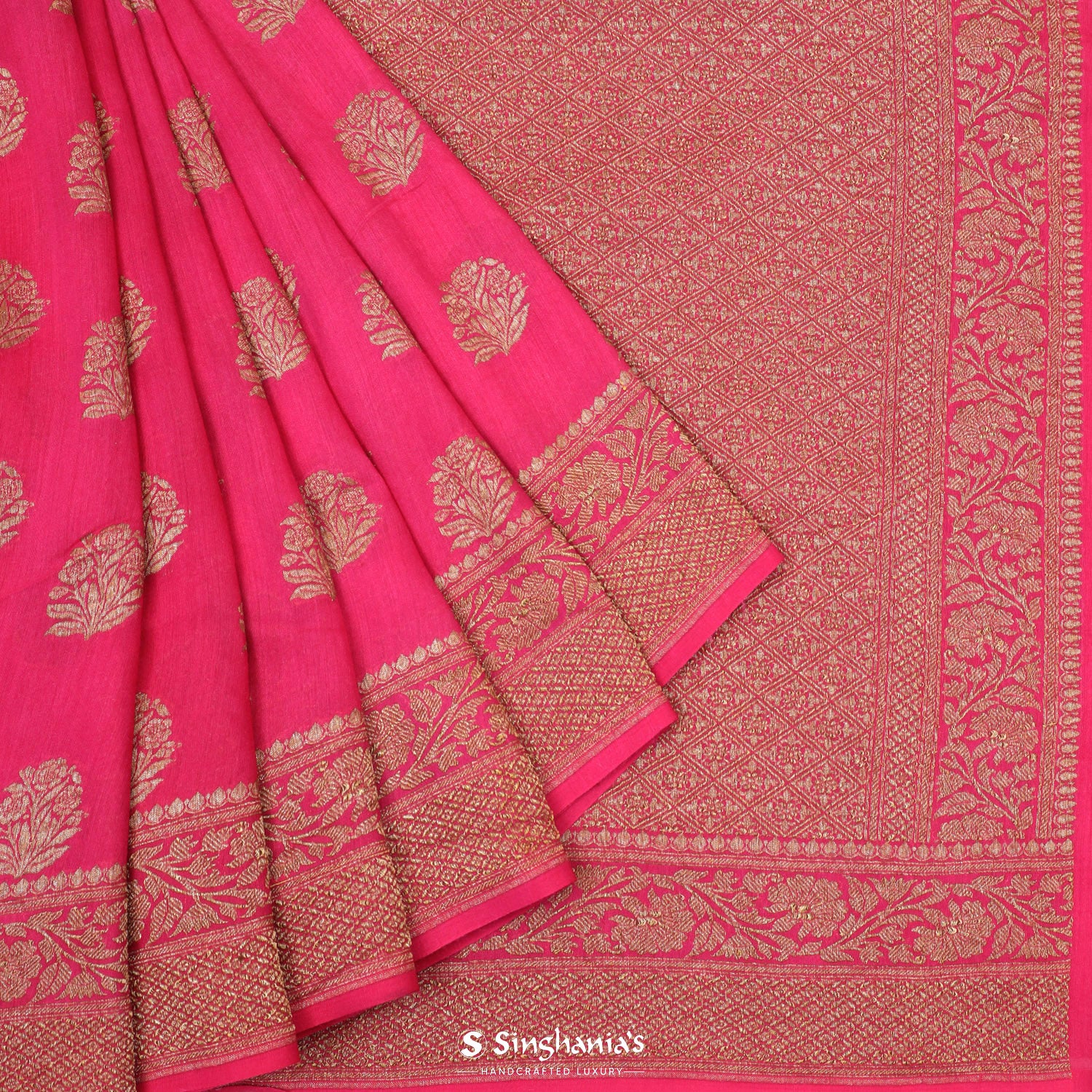 Bright Pink Moonga Saree With Banarasi Zari Weaving