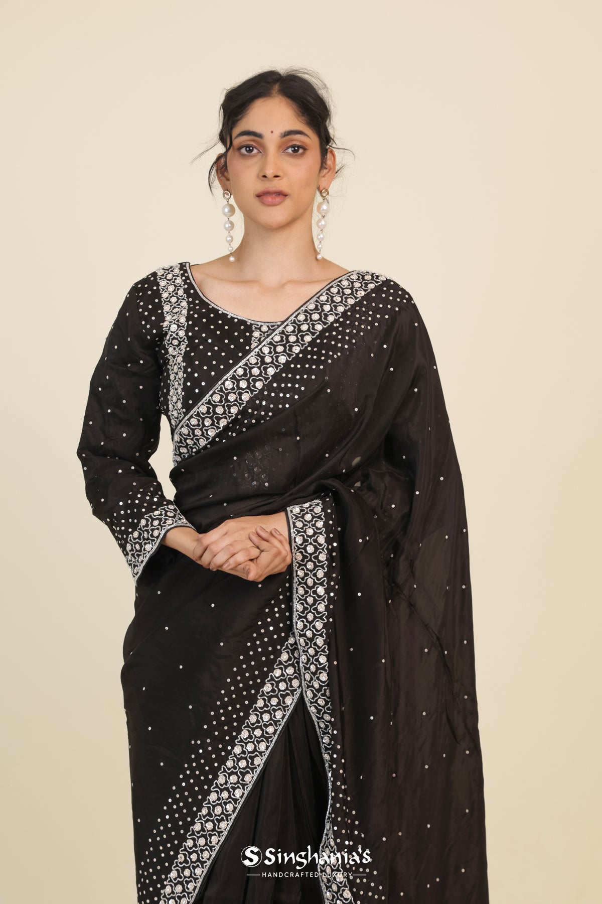 Classic Black Organza Designer Saree With Floral Embroidery