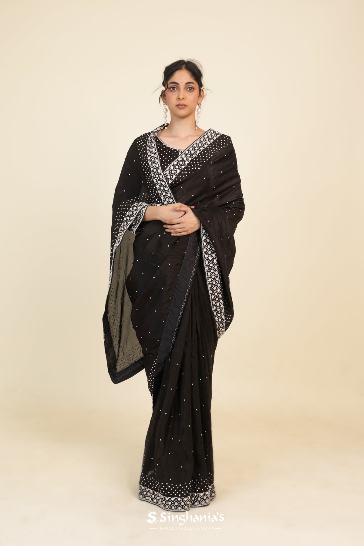 Classic Black Organza Designer Saree With Floral Embroidery