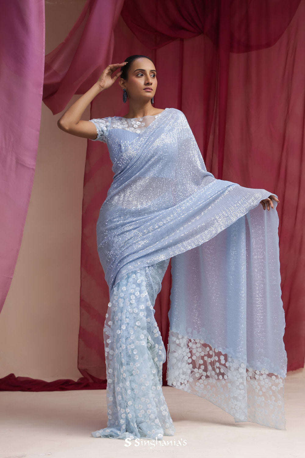 Light Sky Blue Net Saree With Hand Embroidery