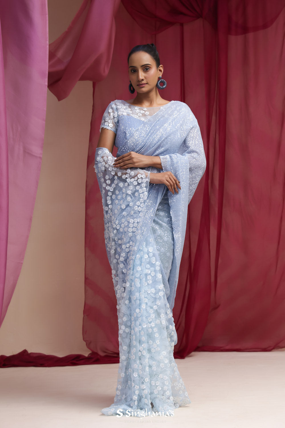 Light Sky Blue Net Saree With Hand Embroidery