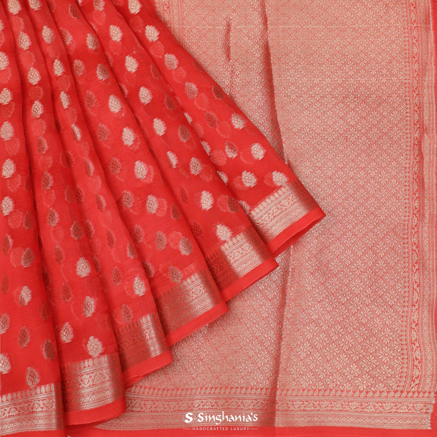 True Red Organza Saree With Banarasi Weaving