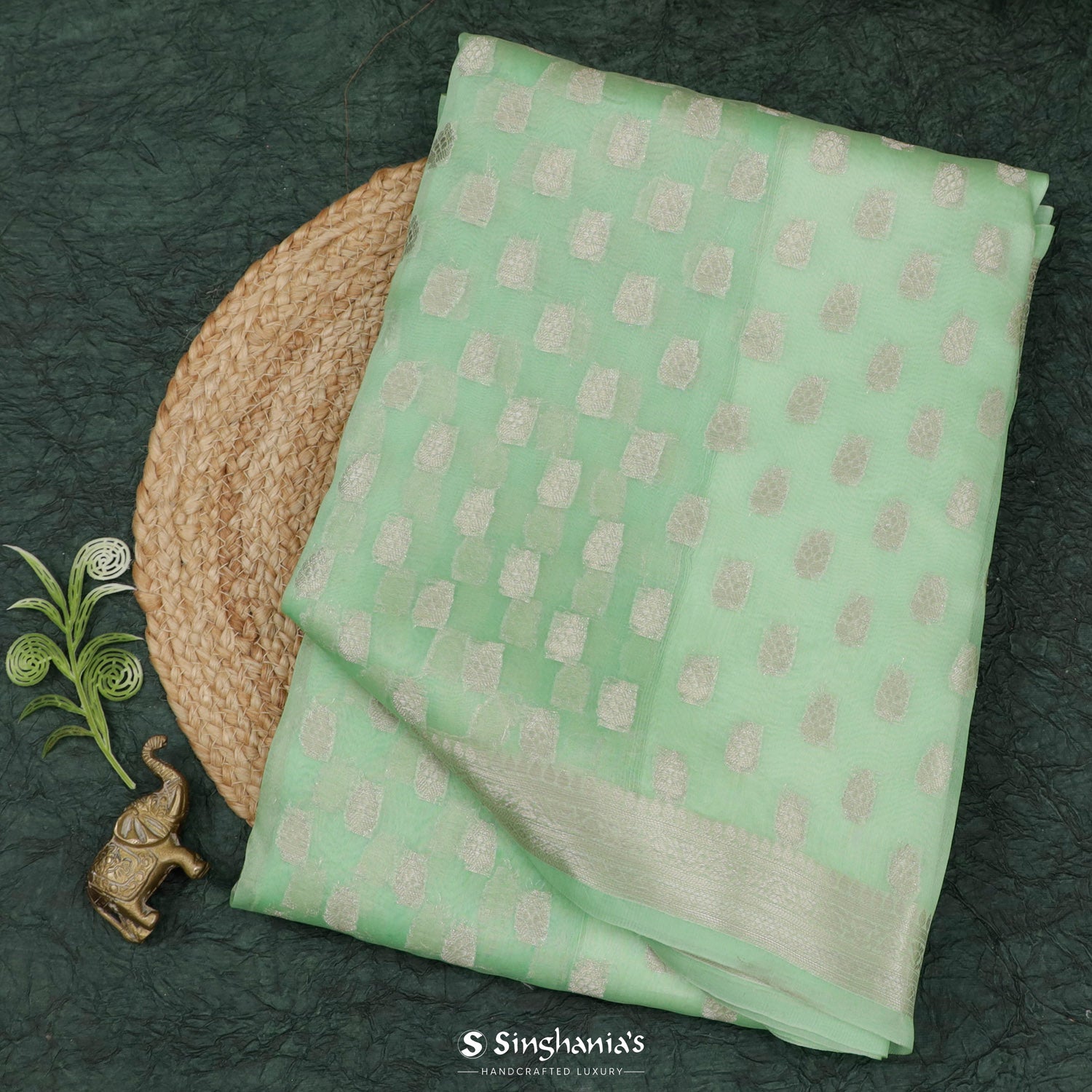 Celadon Green Organza Saree With Banarasi Weaving