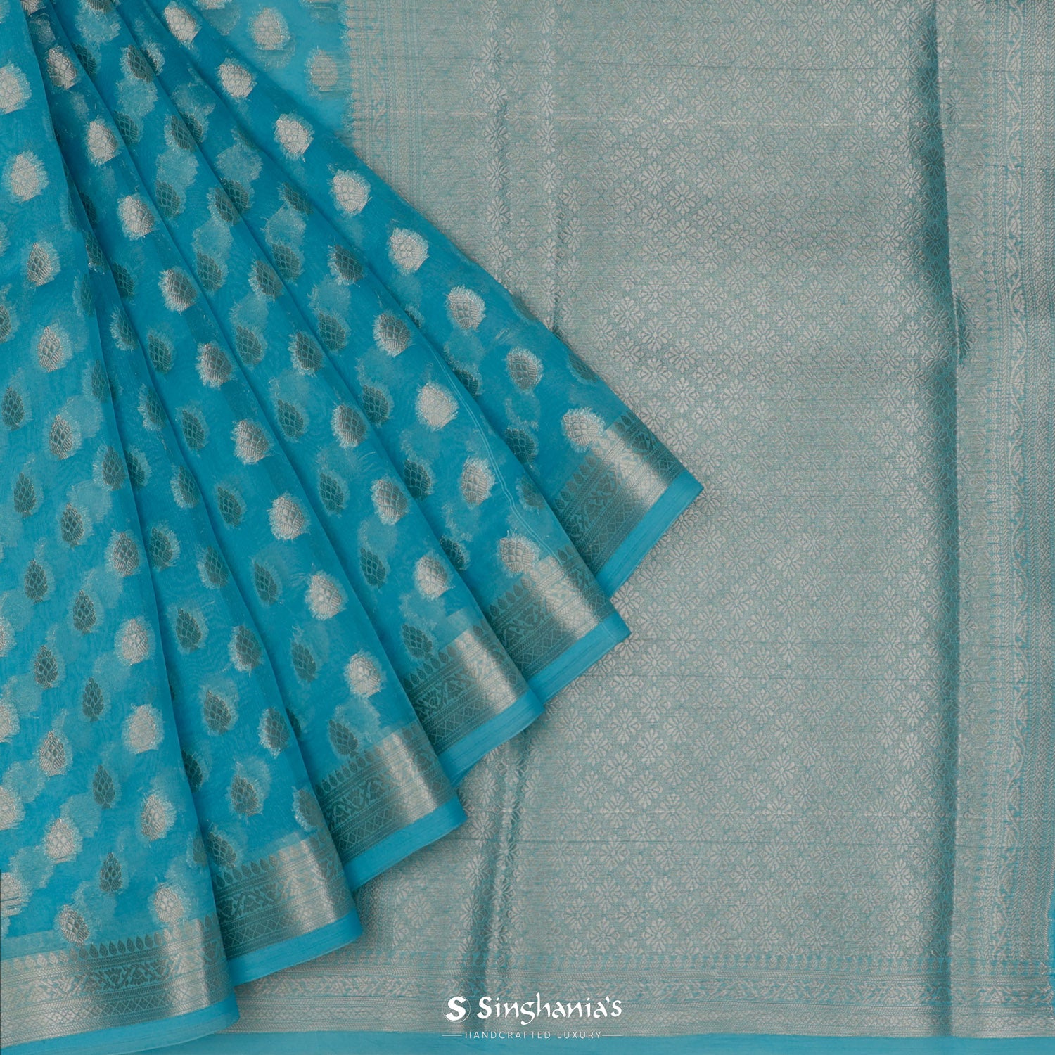 Aquamarine Blue Organza Saree With Banarasi Weaving