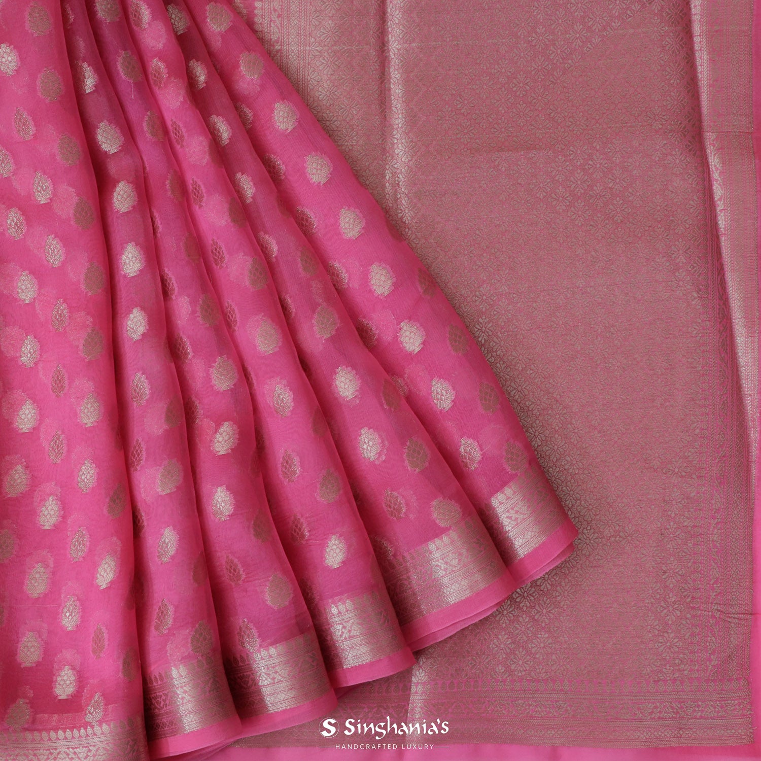 Light Deep Pink Organza Saree With Banarasi Weaving