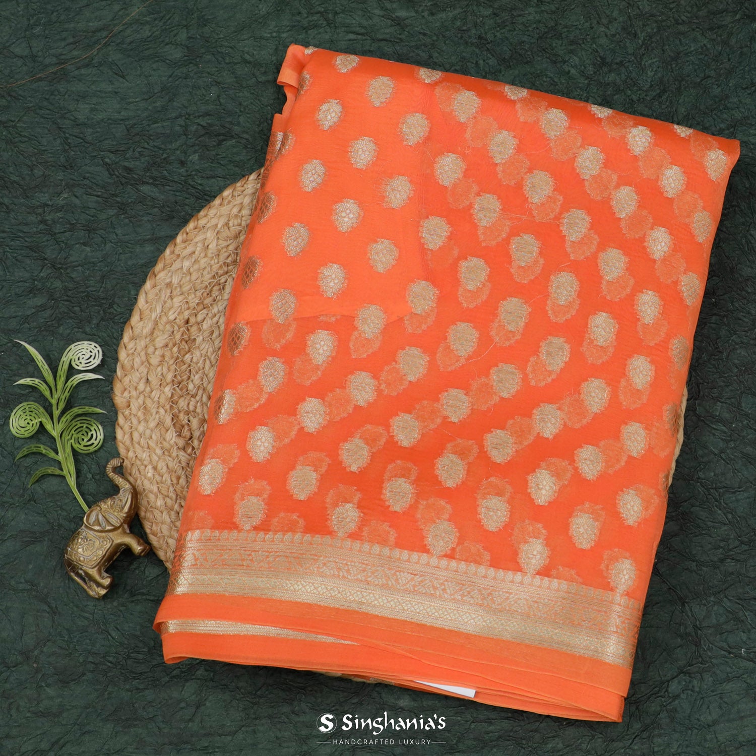 Bright Orange Organza Saree With Banarasi Weaving