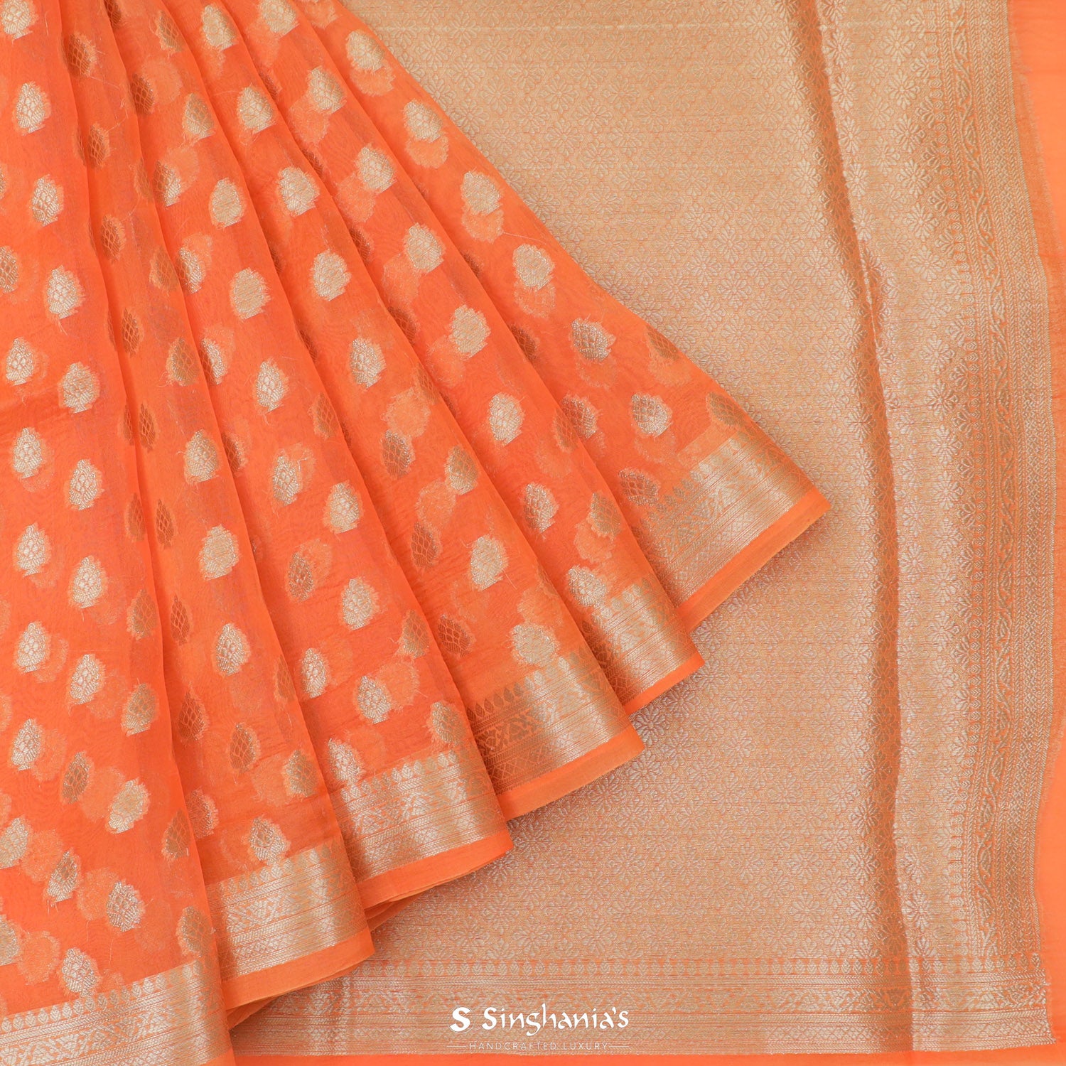 Bright Orange Organza Saree With Banarasi Weaving