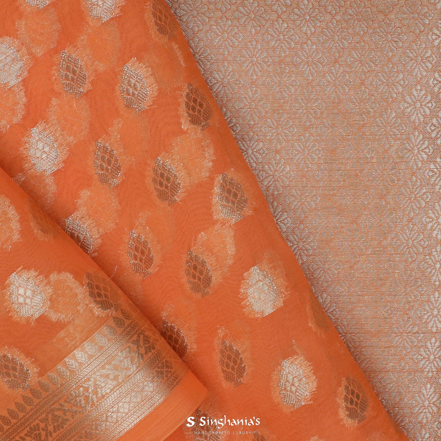 Hot Orange Organza Saree With Banarasi Weaving