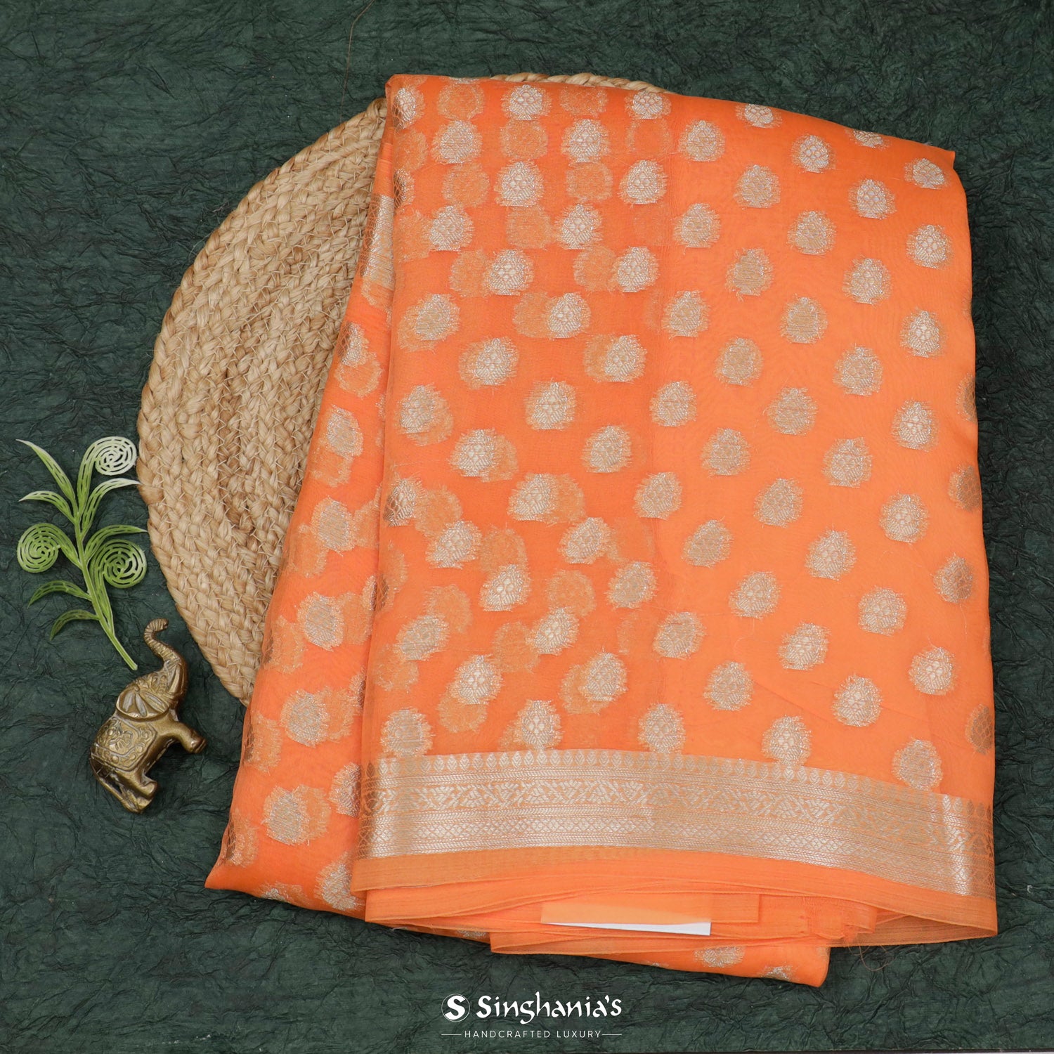 Hot Orange Organza Saree With Banarasi Weaving