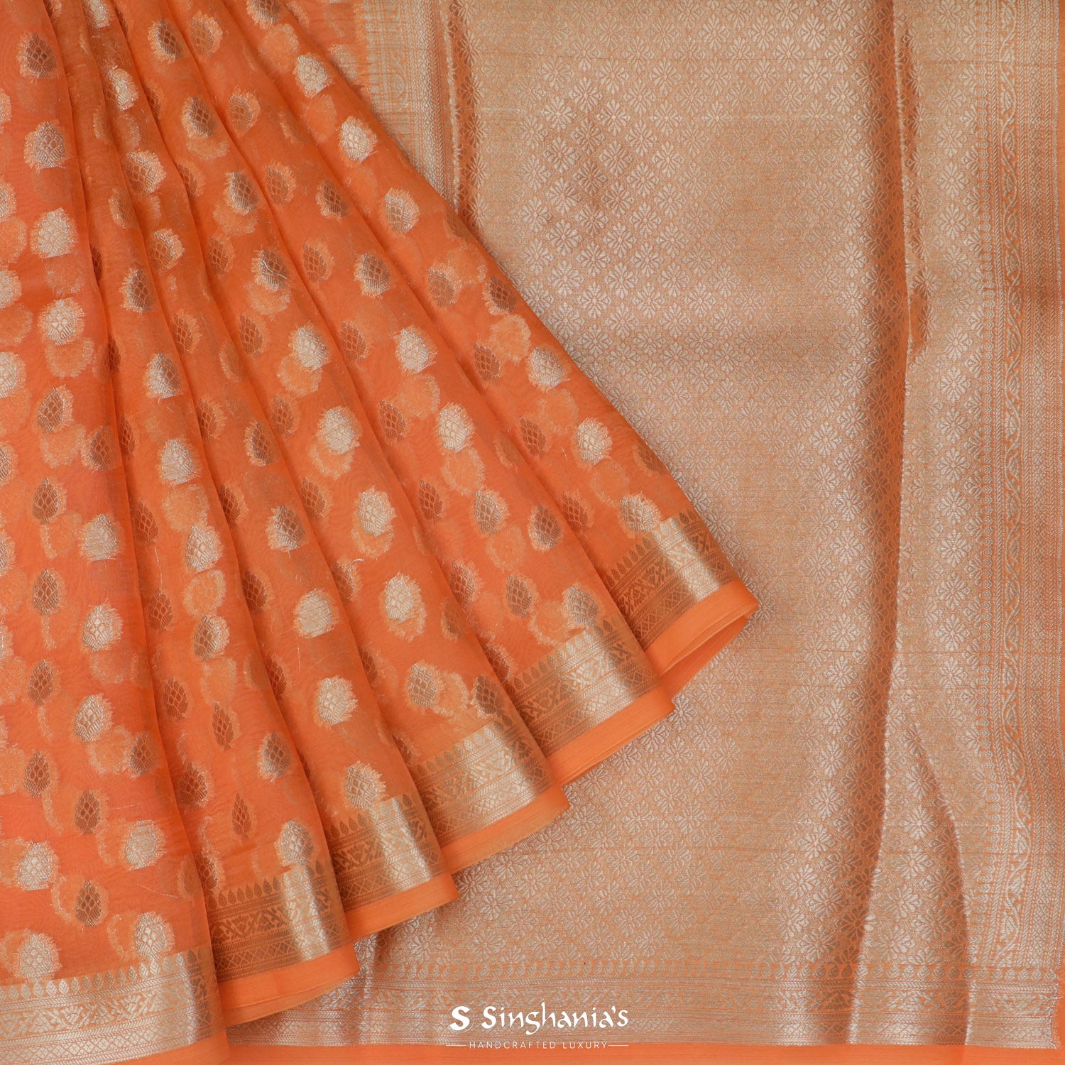 Hot Orange Organza Saree With Banarasi Weaving