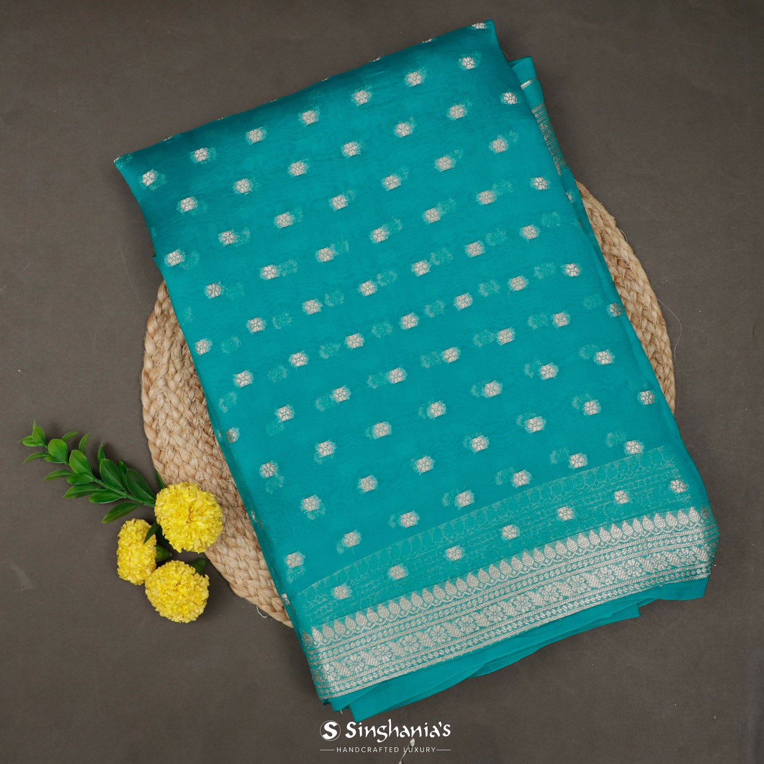 Medium Turquoise Blue Organza Saree With Banarasi Weaving