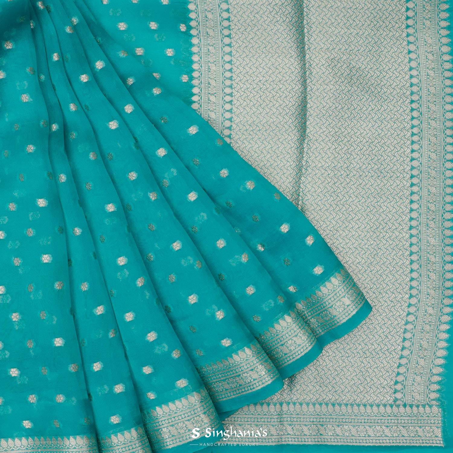 Medium Turquoise Blue Organza Saree With Banarasi Weaving