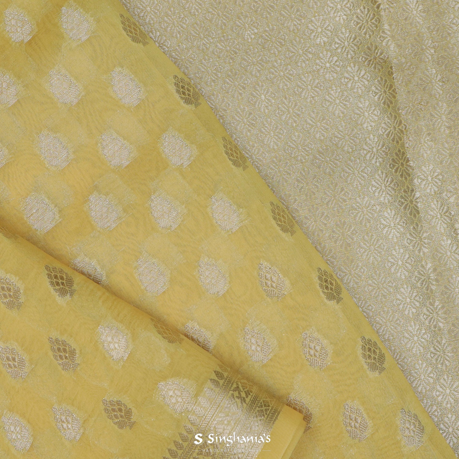 Flax Yellow Organza Saree With Banarasi Weaving