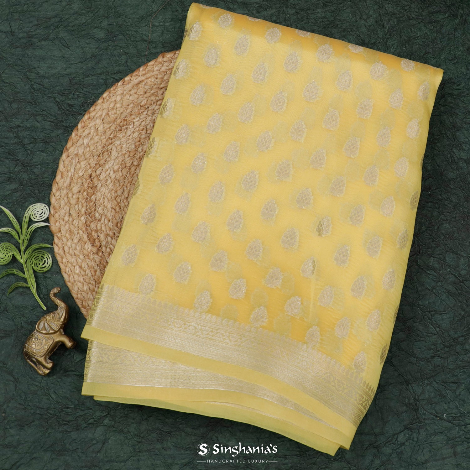 Flax Yellow Organza Saree With Banarasi Weaving