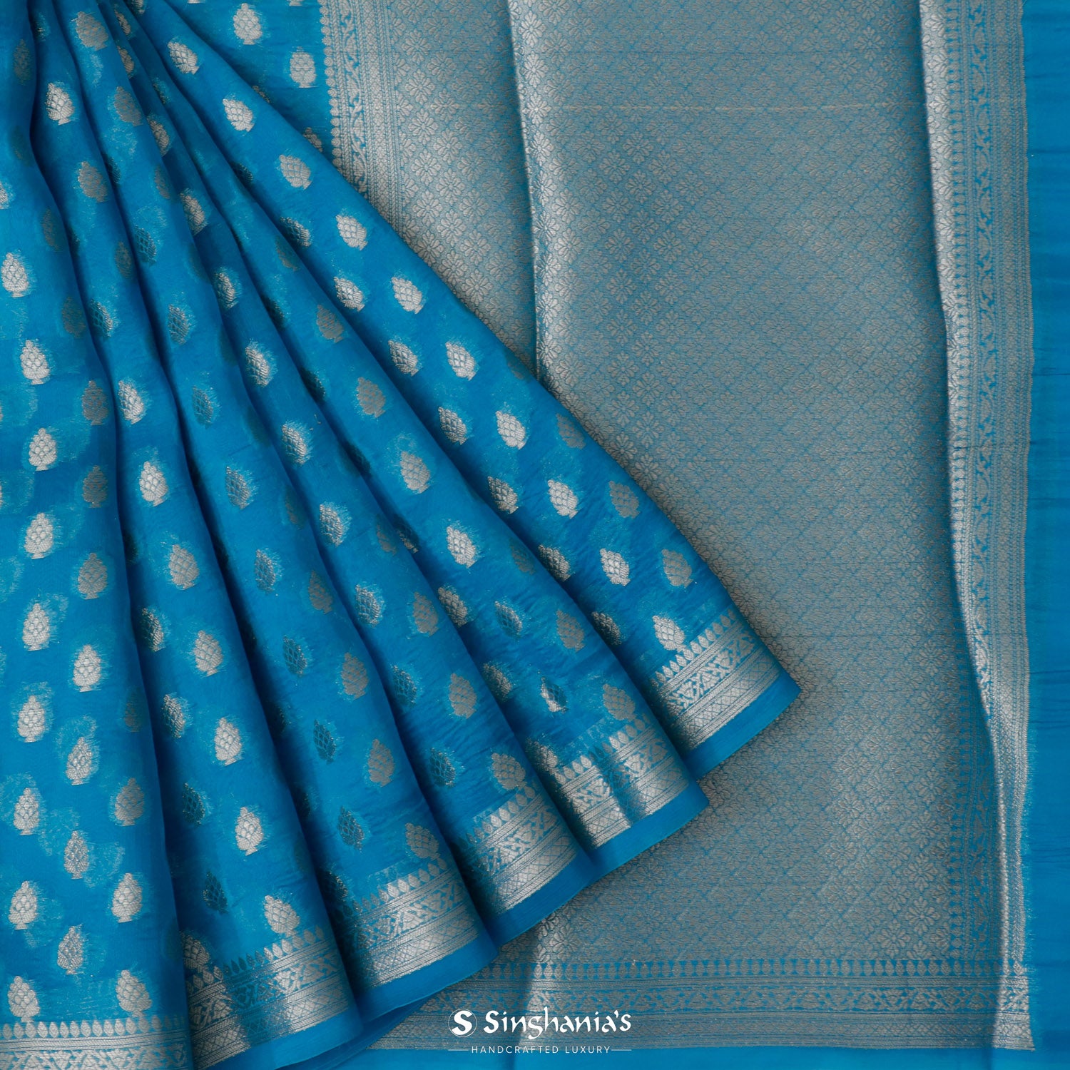 Azure Blue Organza Saree With Floral Banarasi Buttis