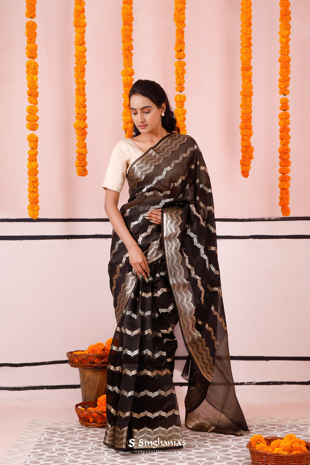 Night Black Banarasi Organza Saree With Chevron Weaving