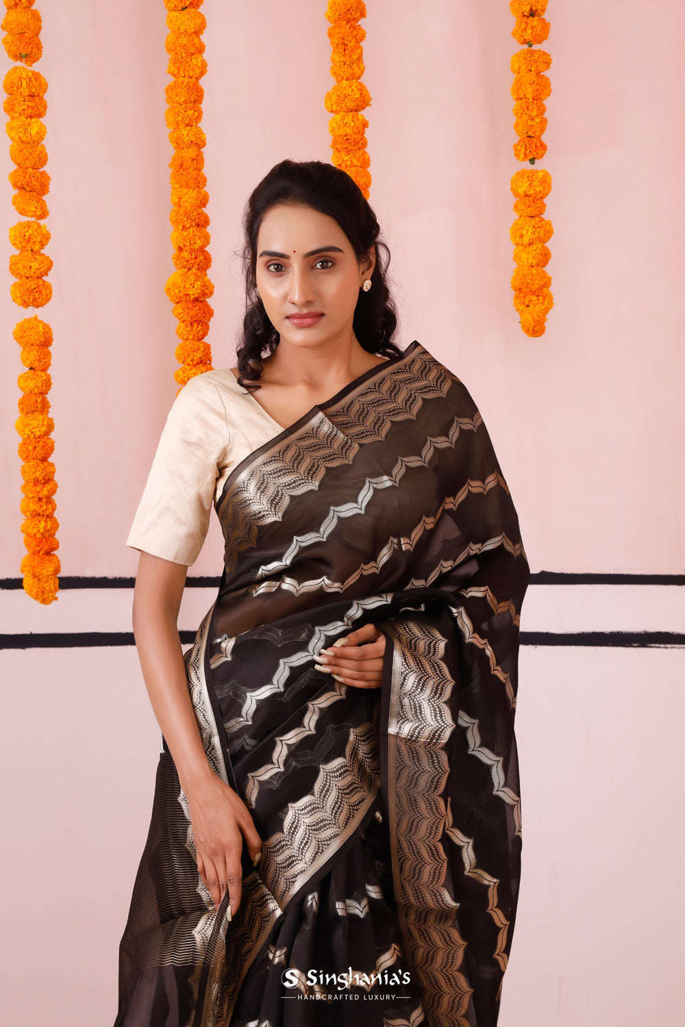 Night Black Banarasi Organza Saree With Chevron Weaving