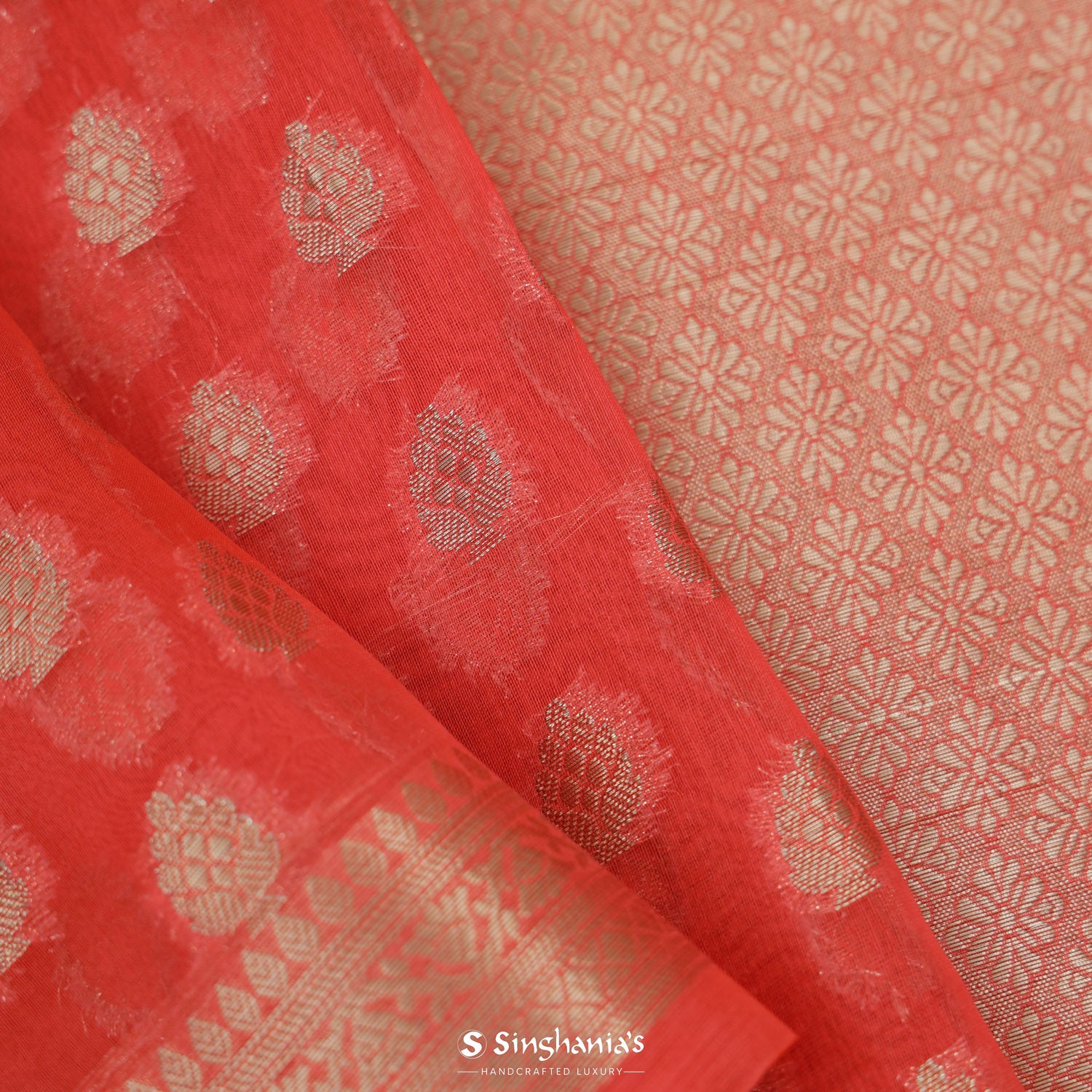 Dark Coral Organza Saree With Banarasi Weaving