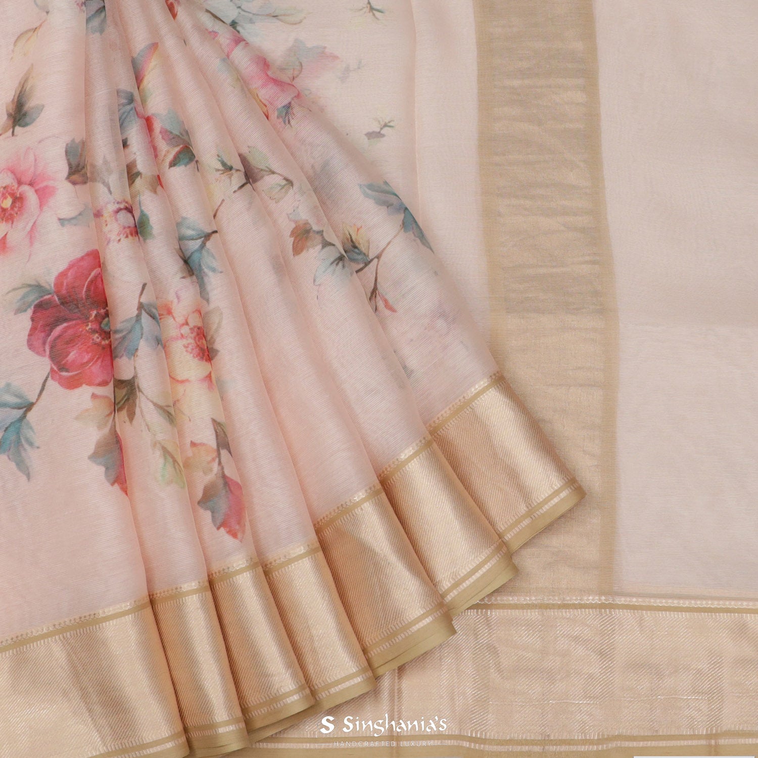 Silvery Pink Printed Maheshwari Saree With Floral Pattern