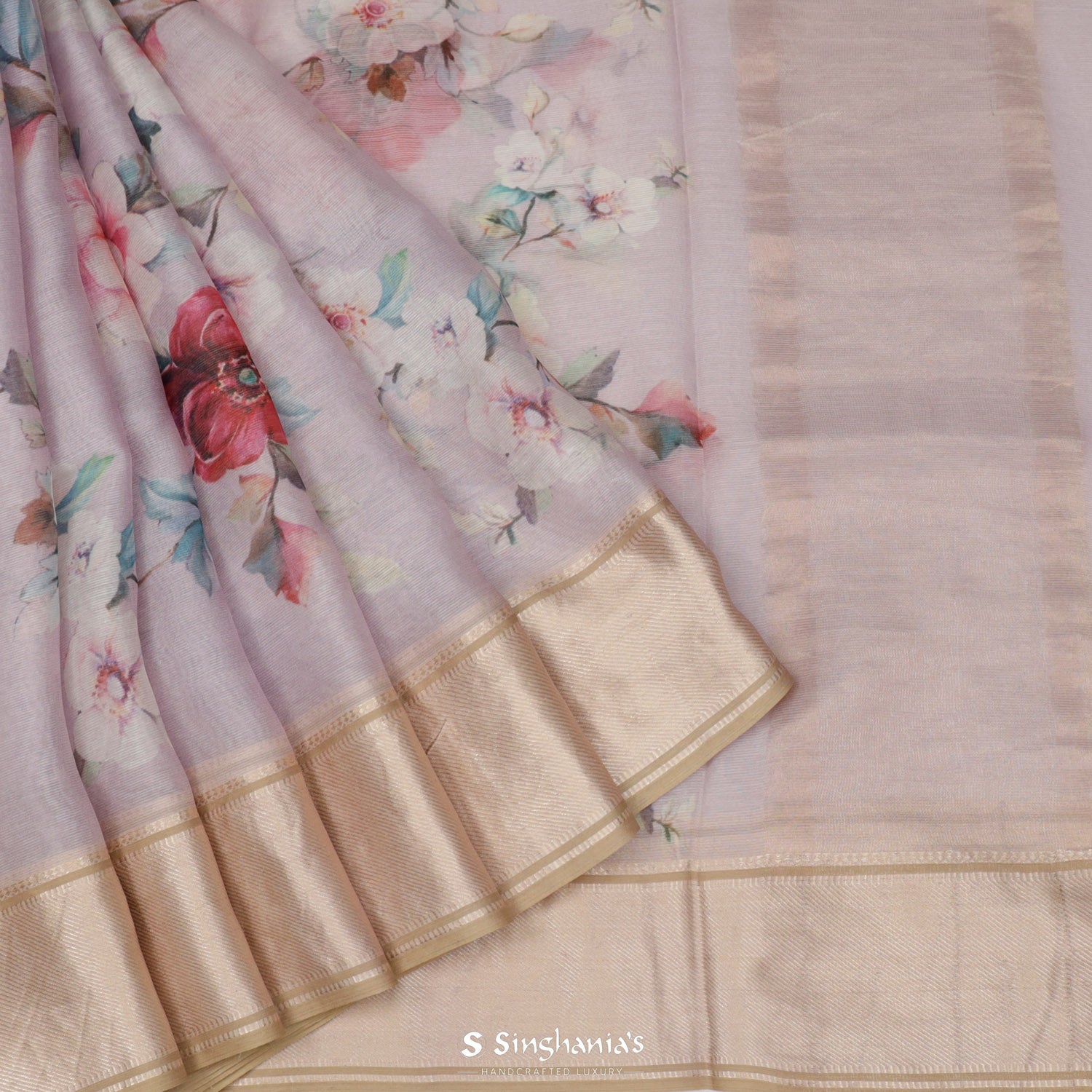 Lace Pink Printed Maheshwari Saree With Floral Pattern