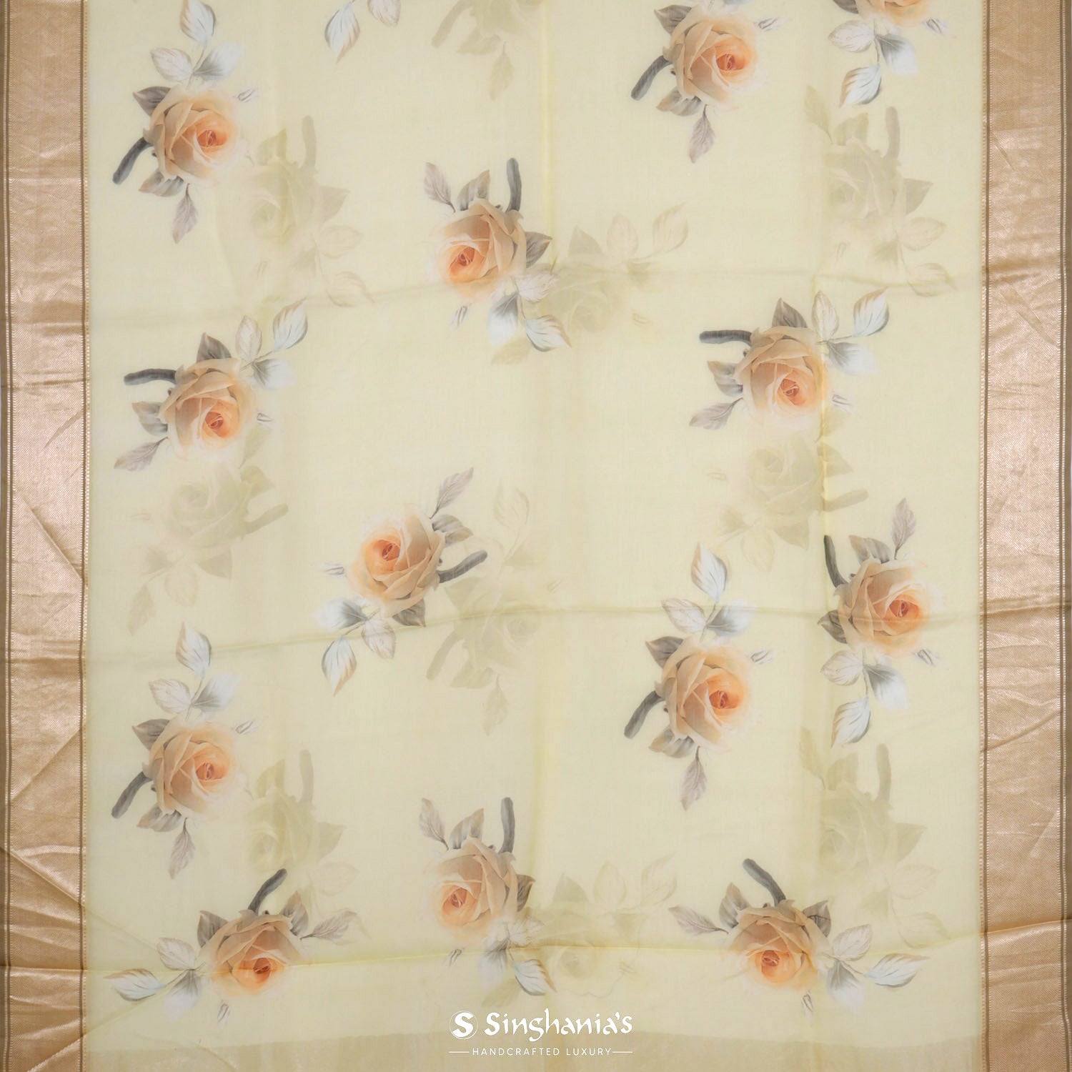 Flax Yellow Printed Maheshwari Saree With Floral Pattern