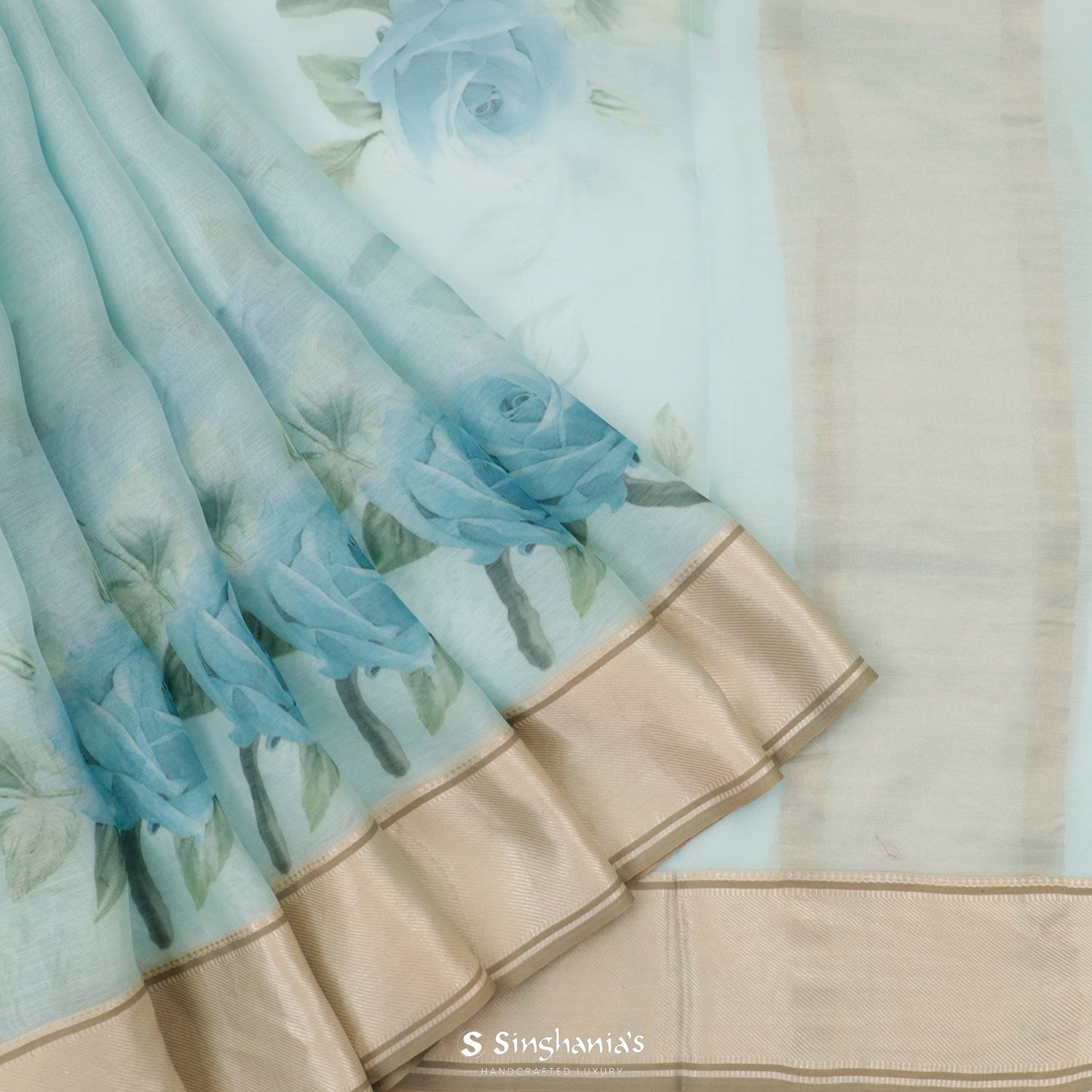 Sky Blue Printed Maheshwari Saree With Floral Pattern