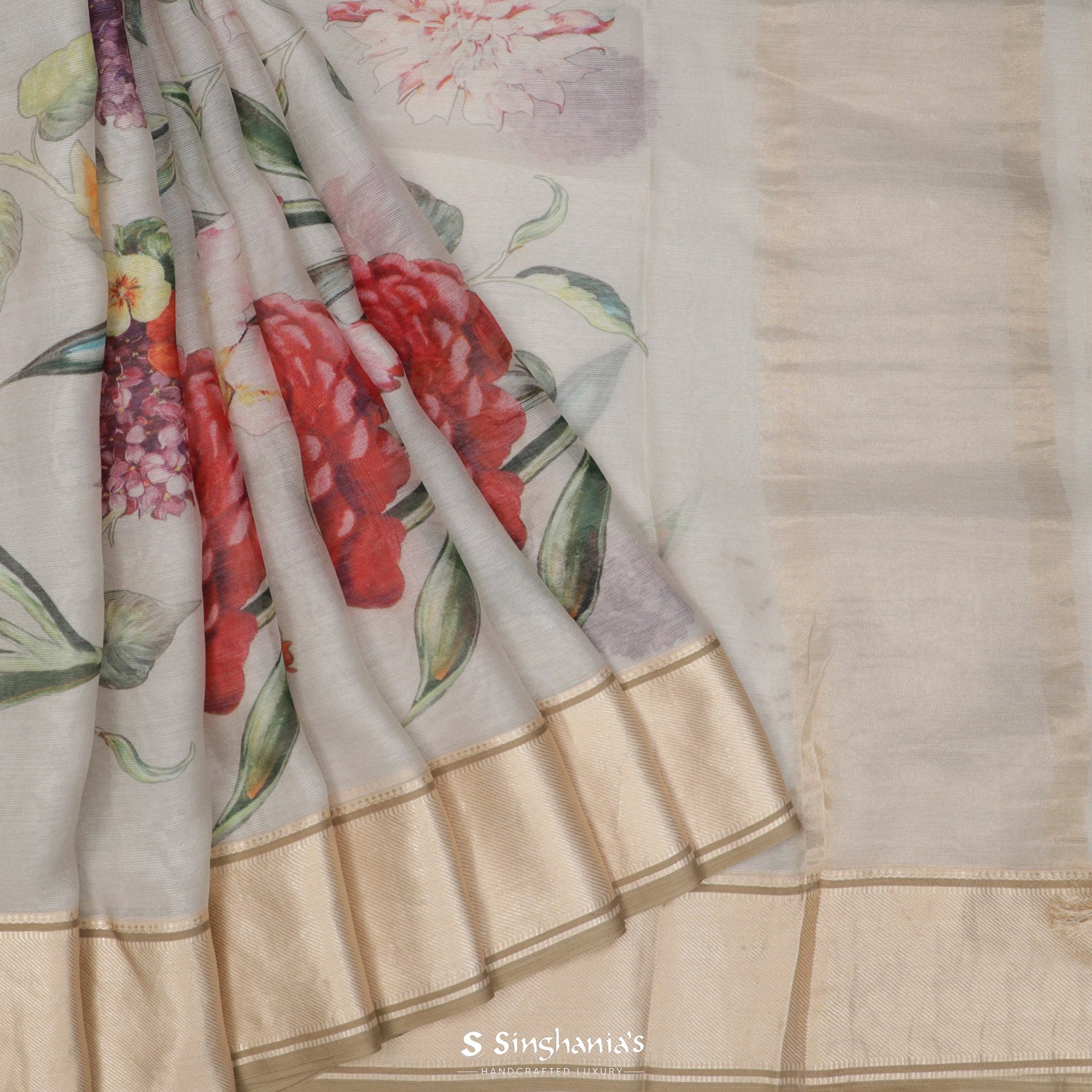 Snow White Printed Maheshwari Saree With Floral Pattern