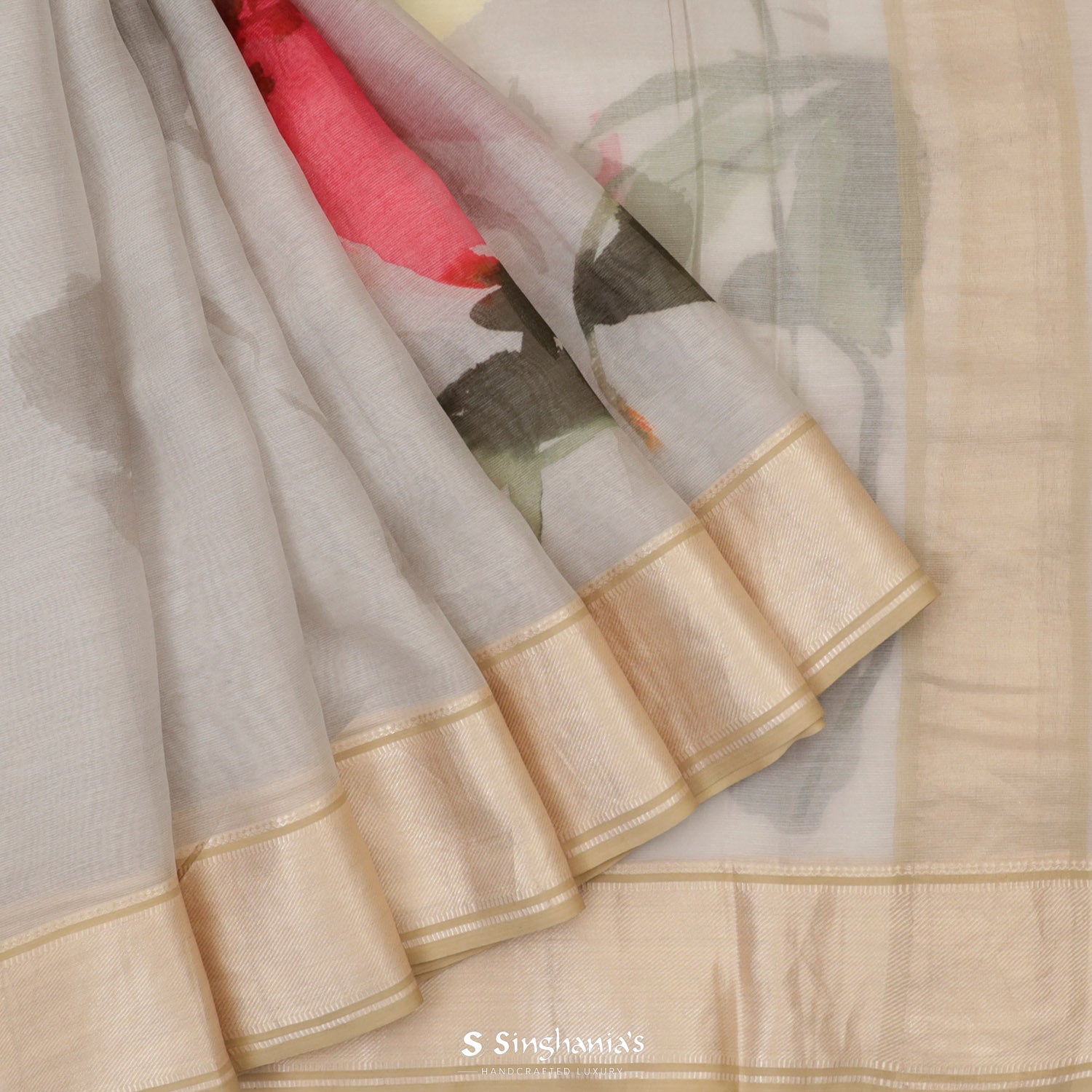 White Sand Printed Maheshwari Saree With Floral Pattern