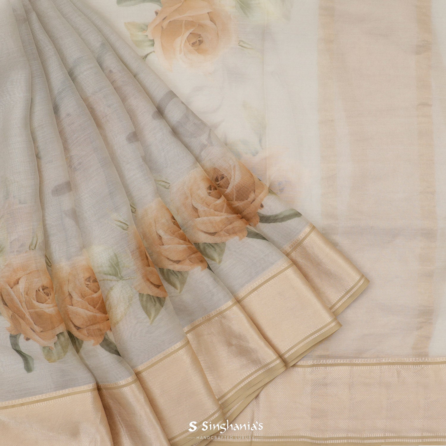 Solid Gray Printed Maheshwari Saree With Floral Pattern