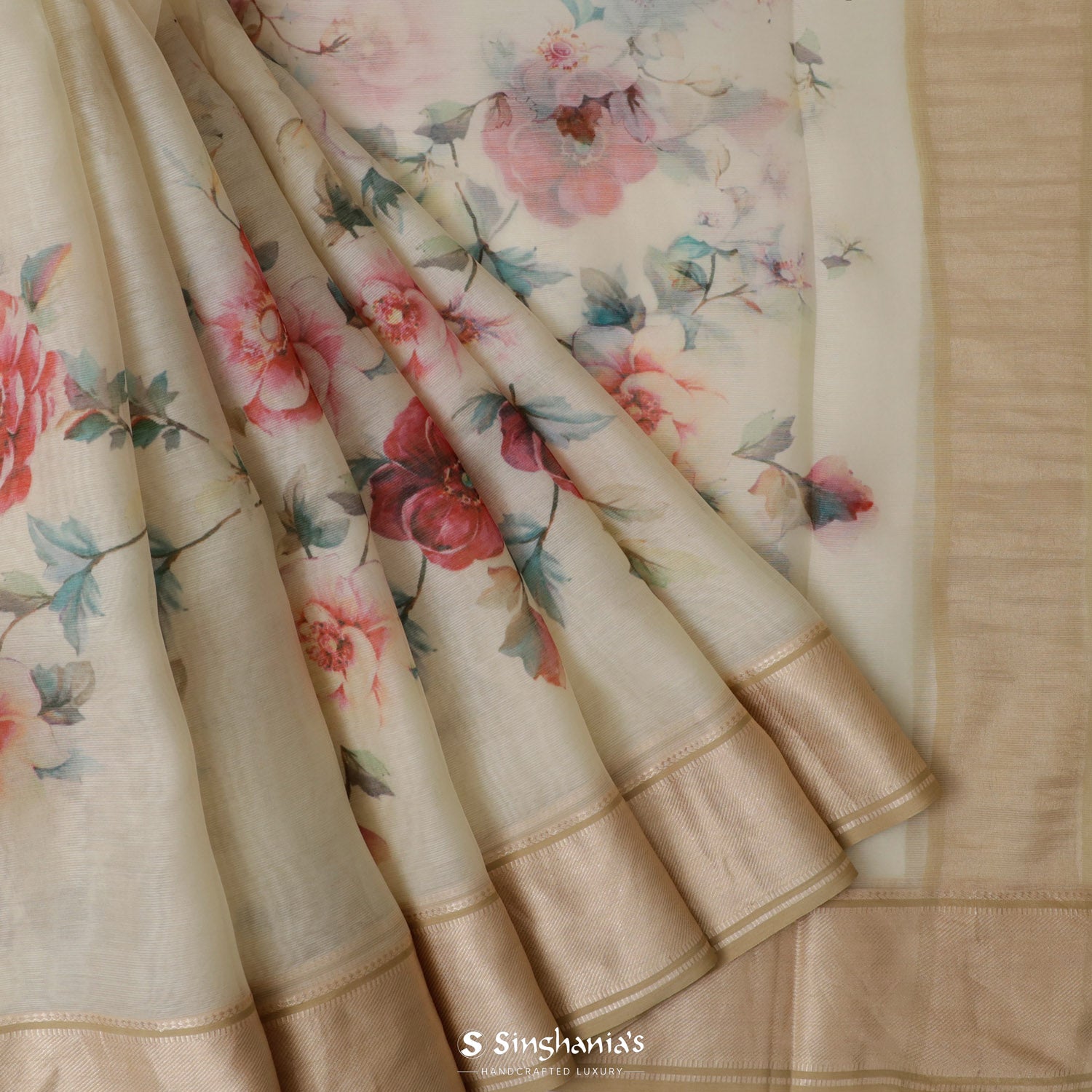 Windsor Cream Printed Maheshwari Saree With Floral Pattern