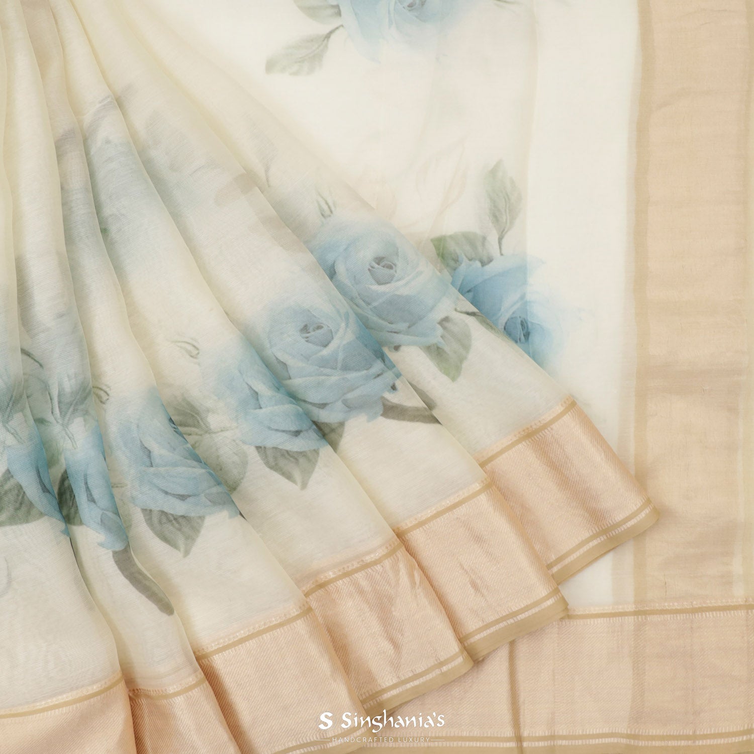 Coconut Butter White Printed Maheshwari Saree With Floral Pattern