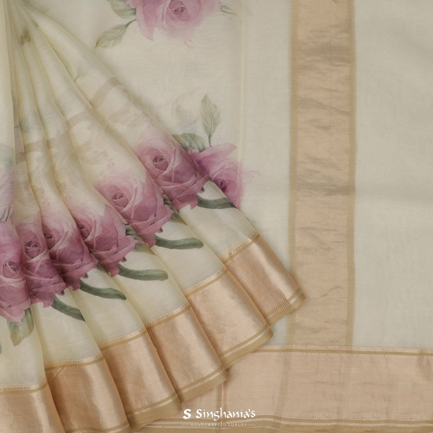 Beige Printed Maheshwari Saree With Floral Pattern