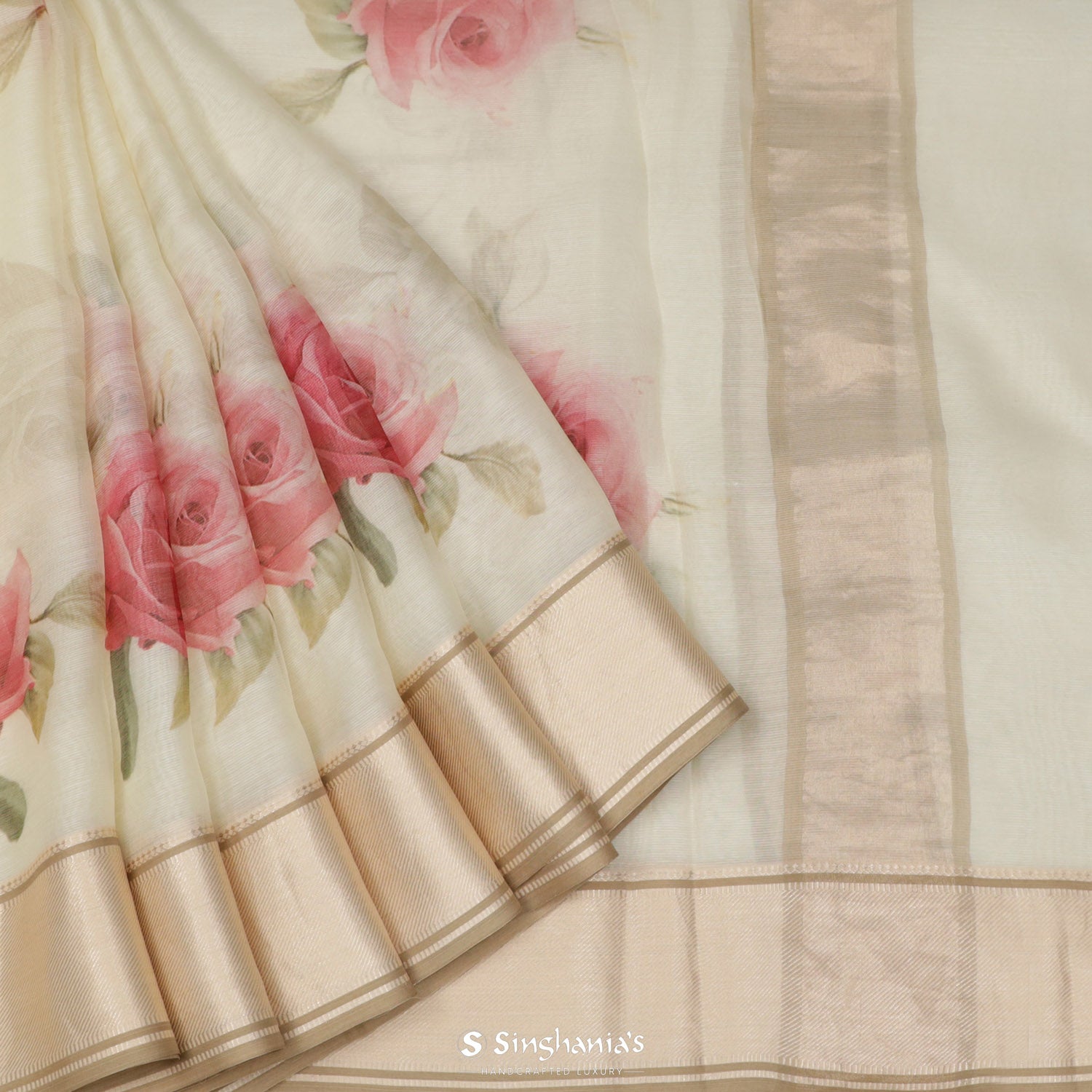 Beige White Printed Maheshwari Saree With Floral Pattern