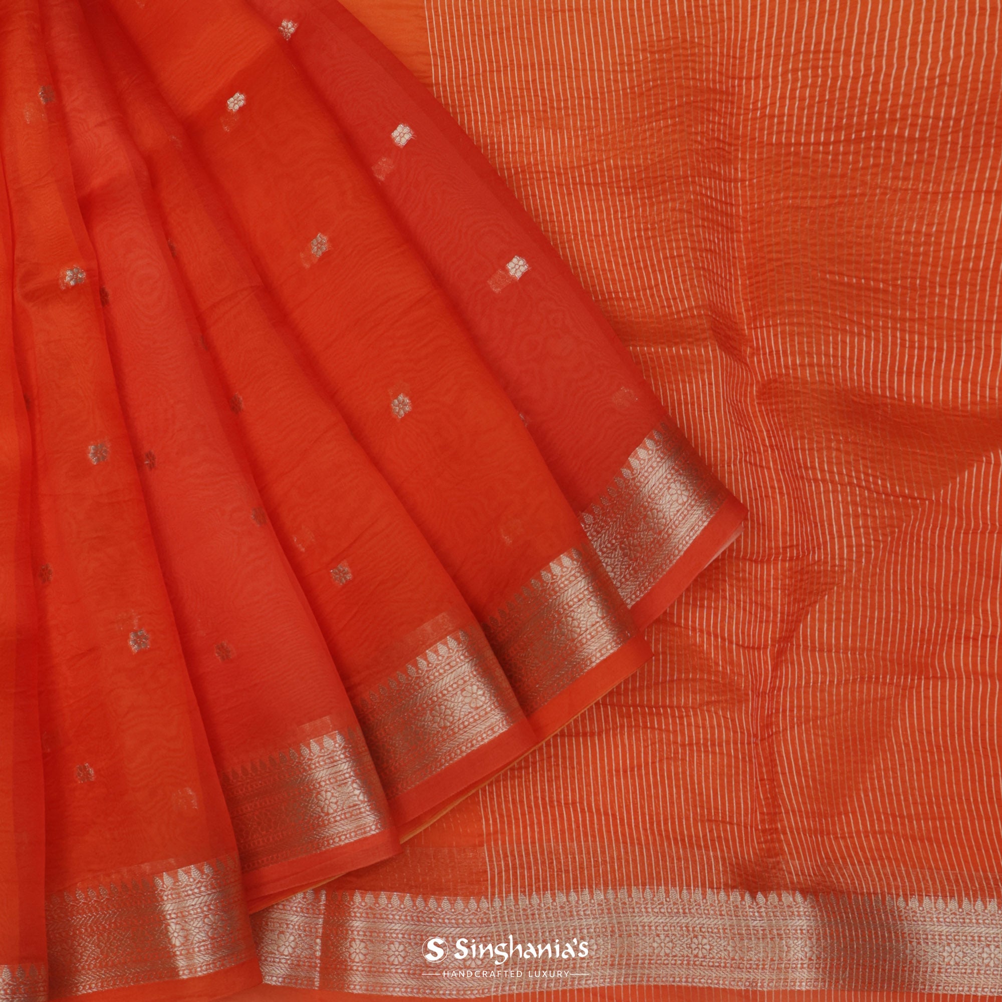 Orange-Red Organza Saree With Banarasi Weaving