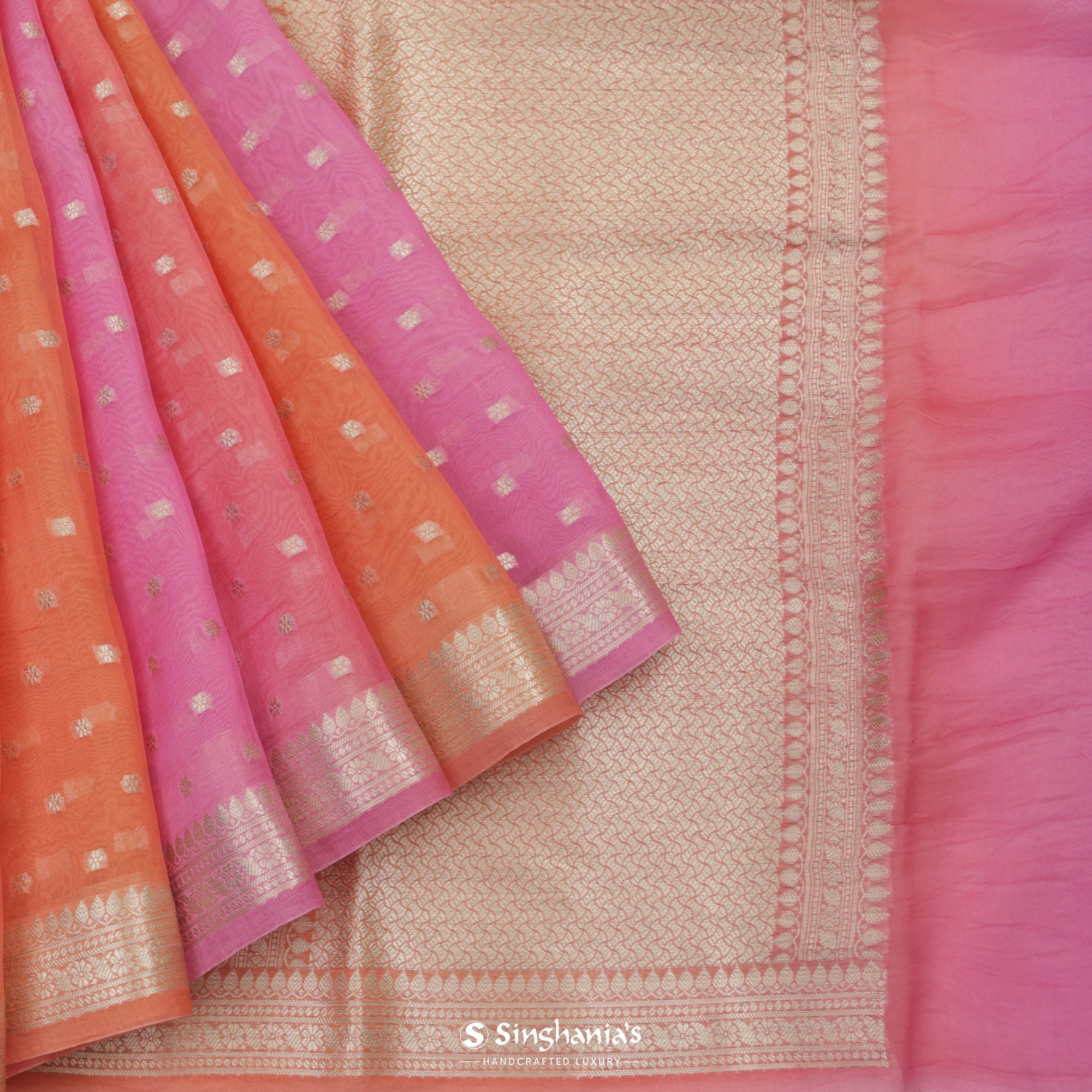 Orange-Pink Organza Saree With Banarasi Weaving