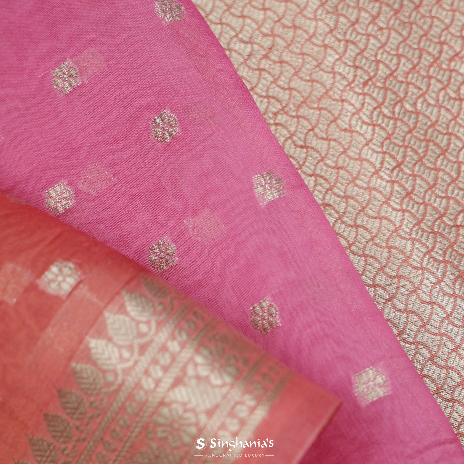 Multi-Pink Organza Saree With Banarasi Weaving In Floral Motifs