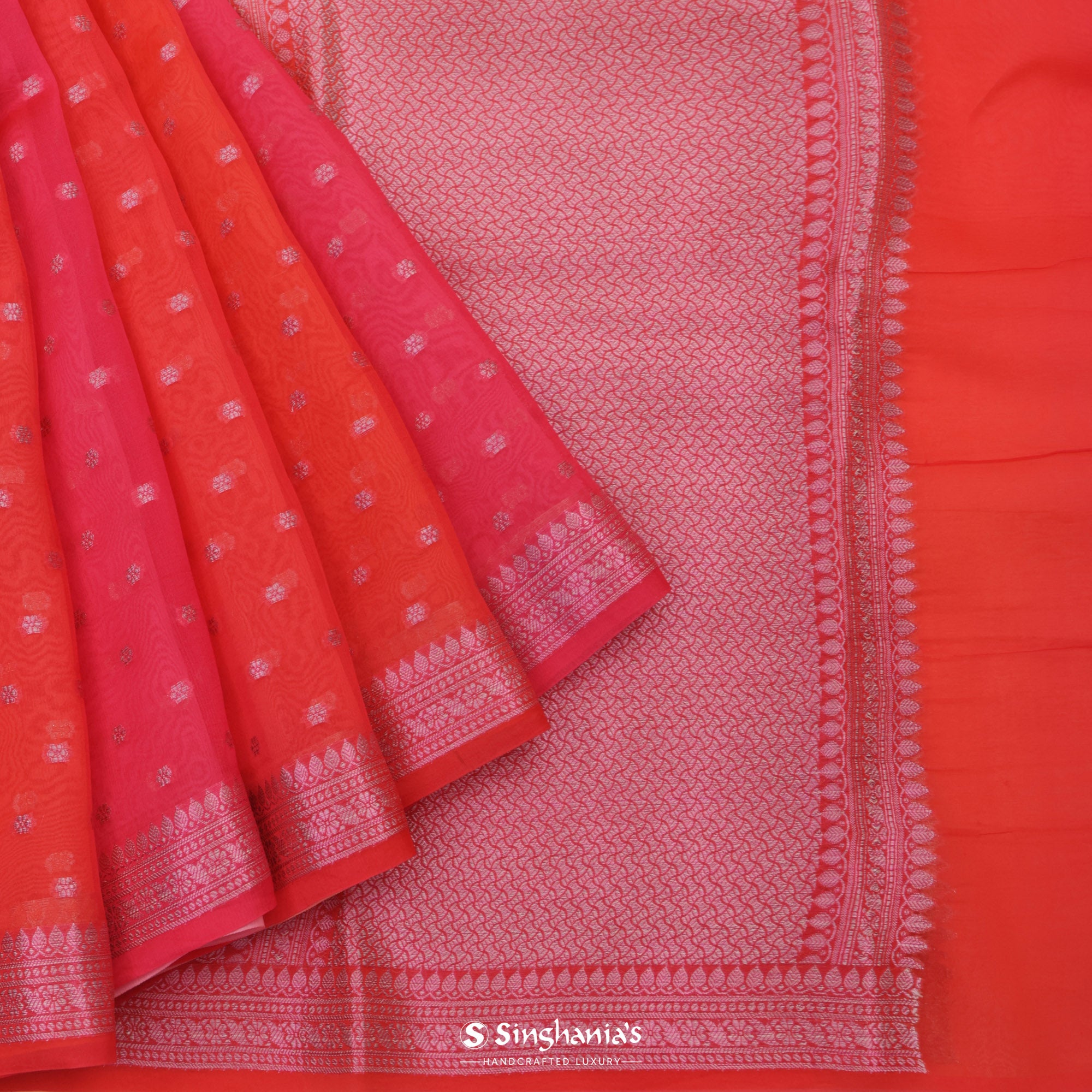 Crayola Red Organza Saree With Banarasi Weaving