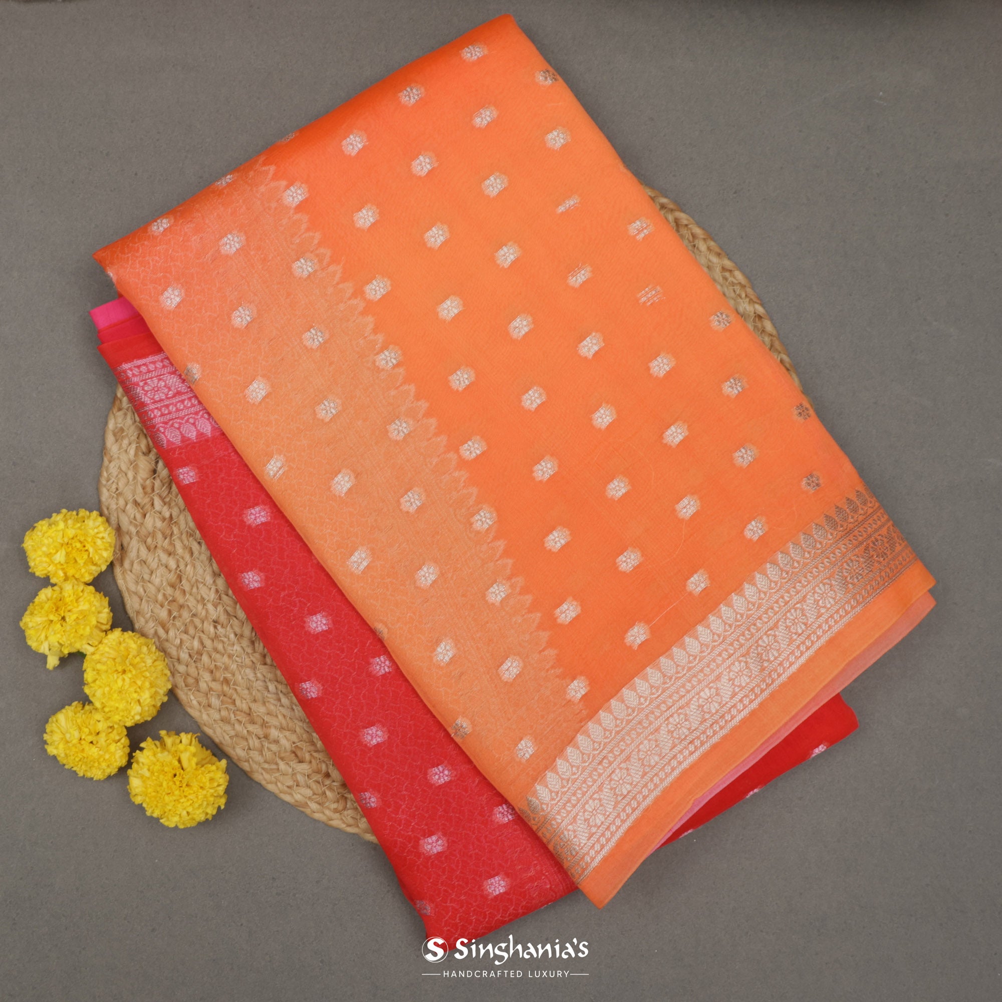 Orioles Orange Organza Saree With Banarasi Weaving