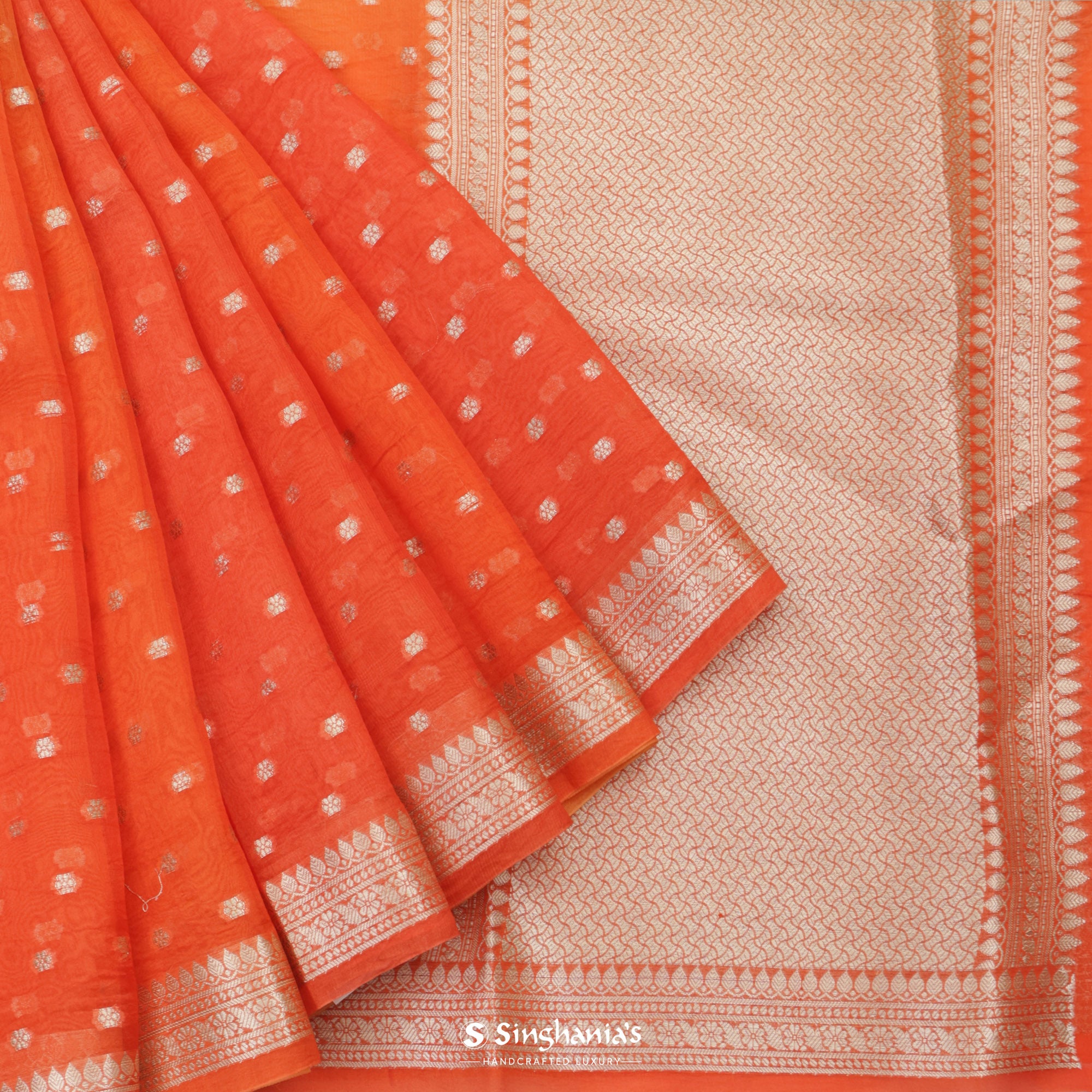 Vivid Orange Organza Saree With Banarasi Weaving