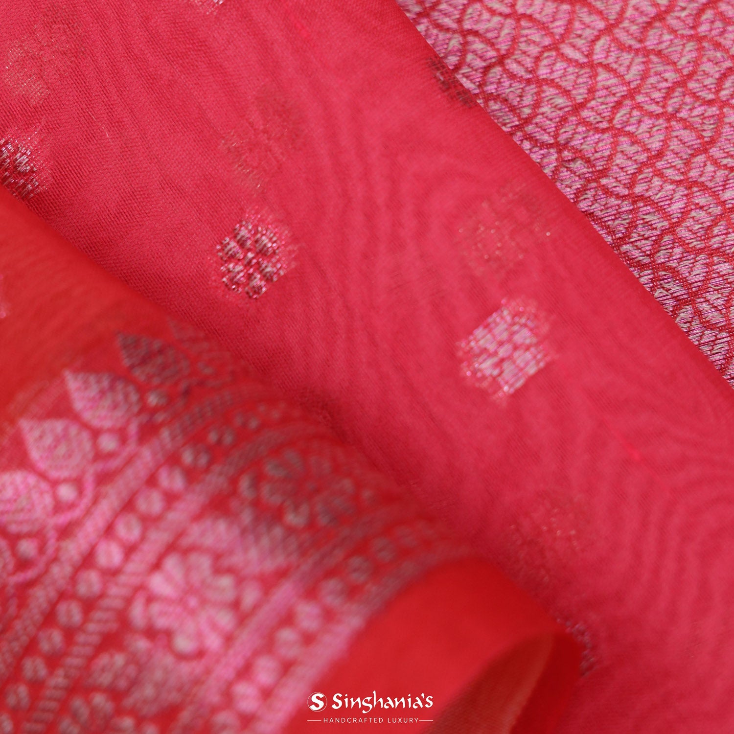 Watermelon Pink Organza Saree With Floral Banarasi Buttis