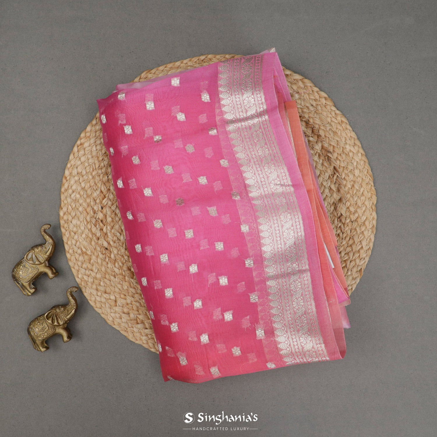 Watermelon Pink Organza Saree With Floral Banarasi Buttis